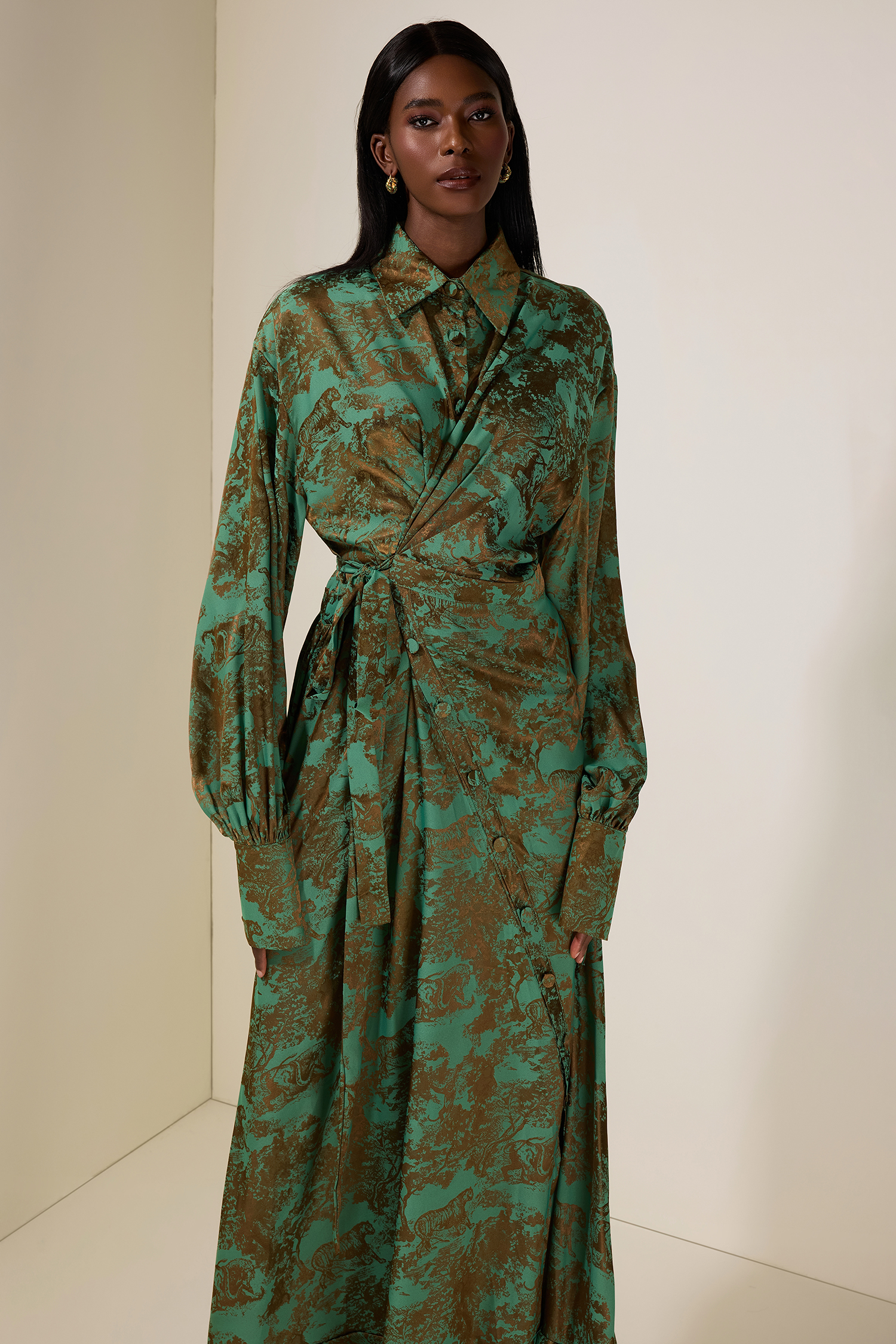 Animal Print Shirt Collar Tie-Up Midi Dress