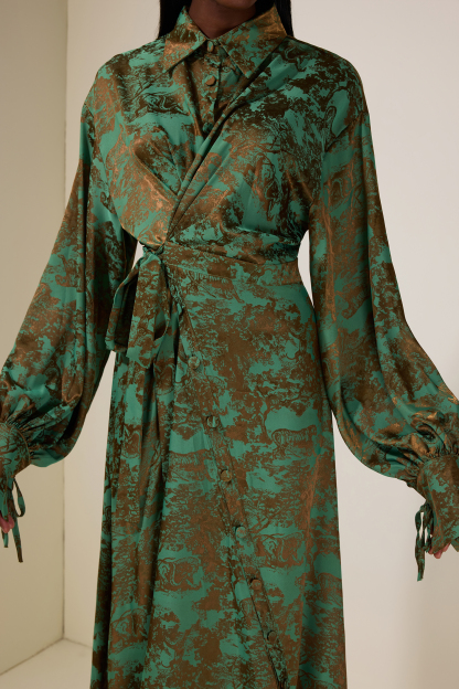 Animal Print Shirt Collar Tie-Up Midi Dress