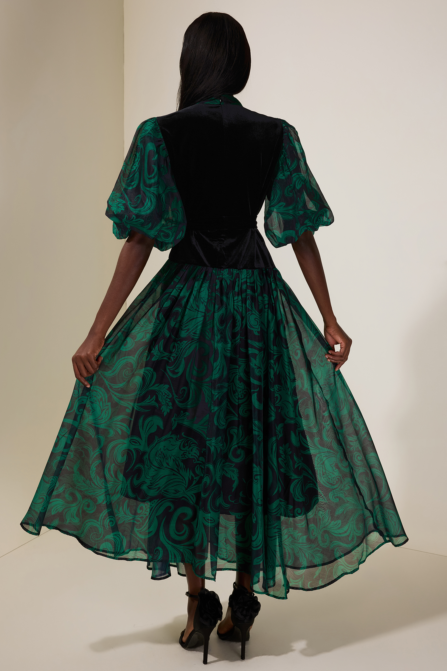 Abstract Print Splicing Velvet Midi Dress