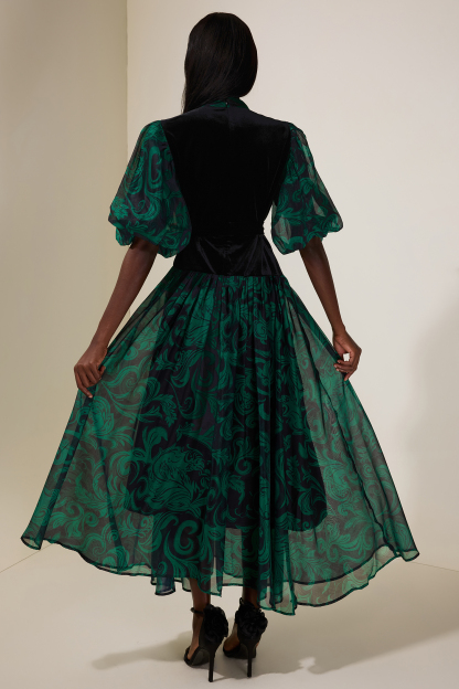 Abstract Print Splicing Velvet Midi Dress