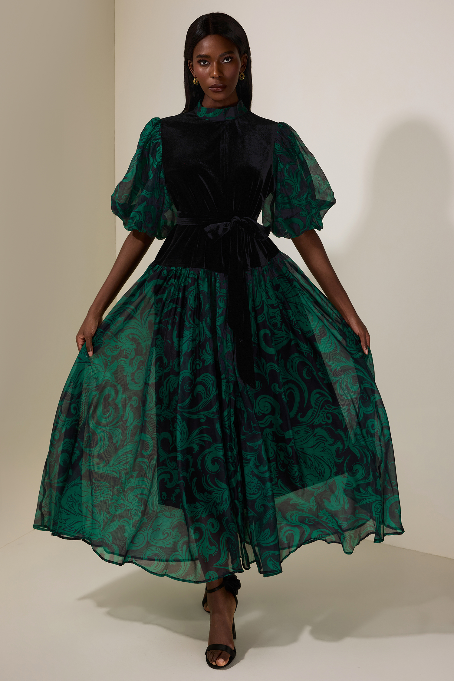 Abstract Print Splicing Velvet Midi Dress