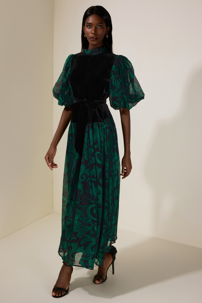 Abstract Print Splicing Velvet Midi Dress