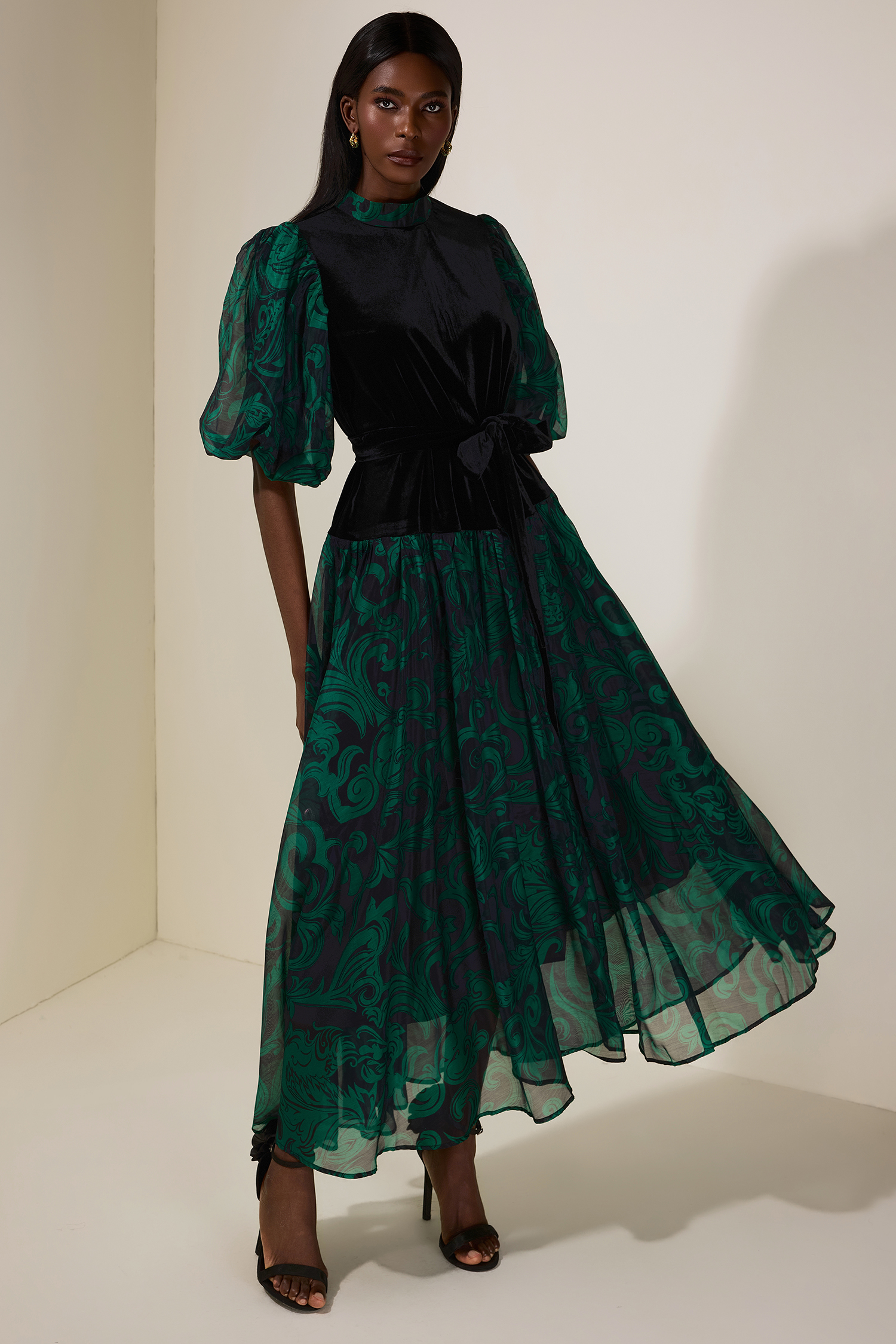 Abstract Print Splicing Velvet Midi Dress