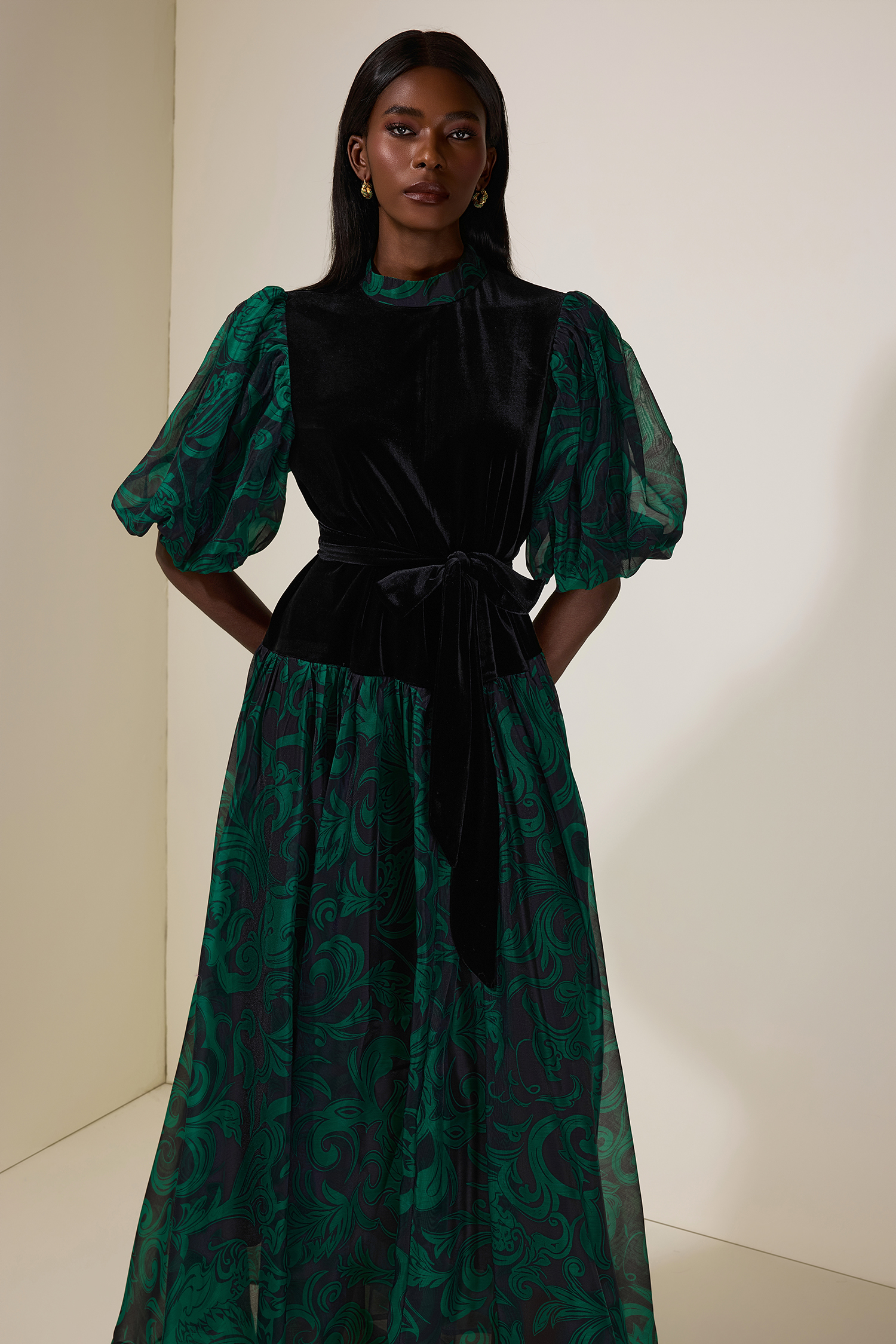 Abstract Print Splicing Velvet Midi Dress