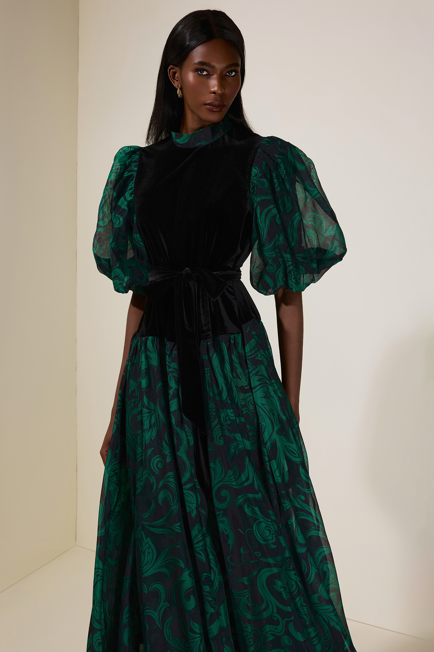 Abstract Print Splicing Velvet Midi Dress