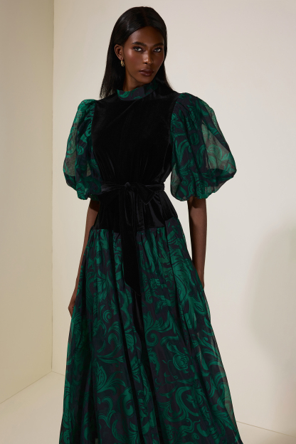 Abstract Print Splicing Velvet Midi Dress