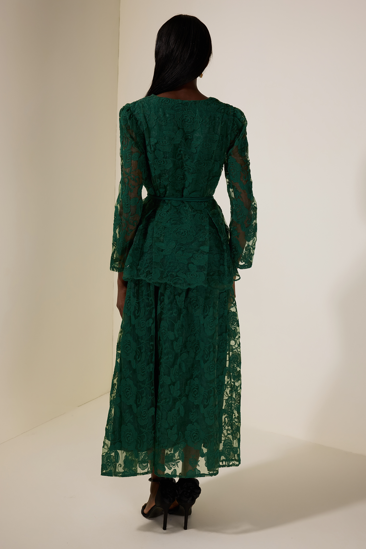 Floral Embroidered Single Breasted Top & Mid Waist Midi Skirt Set