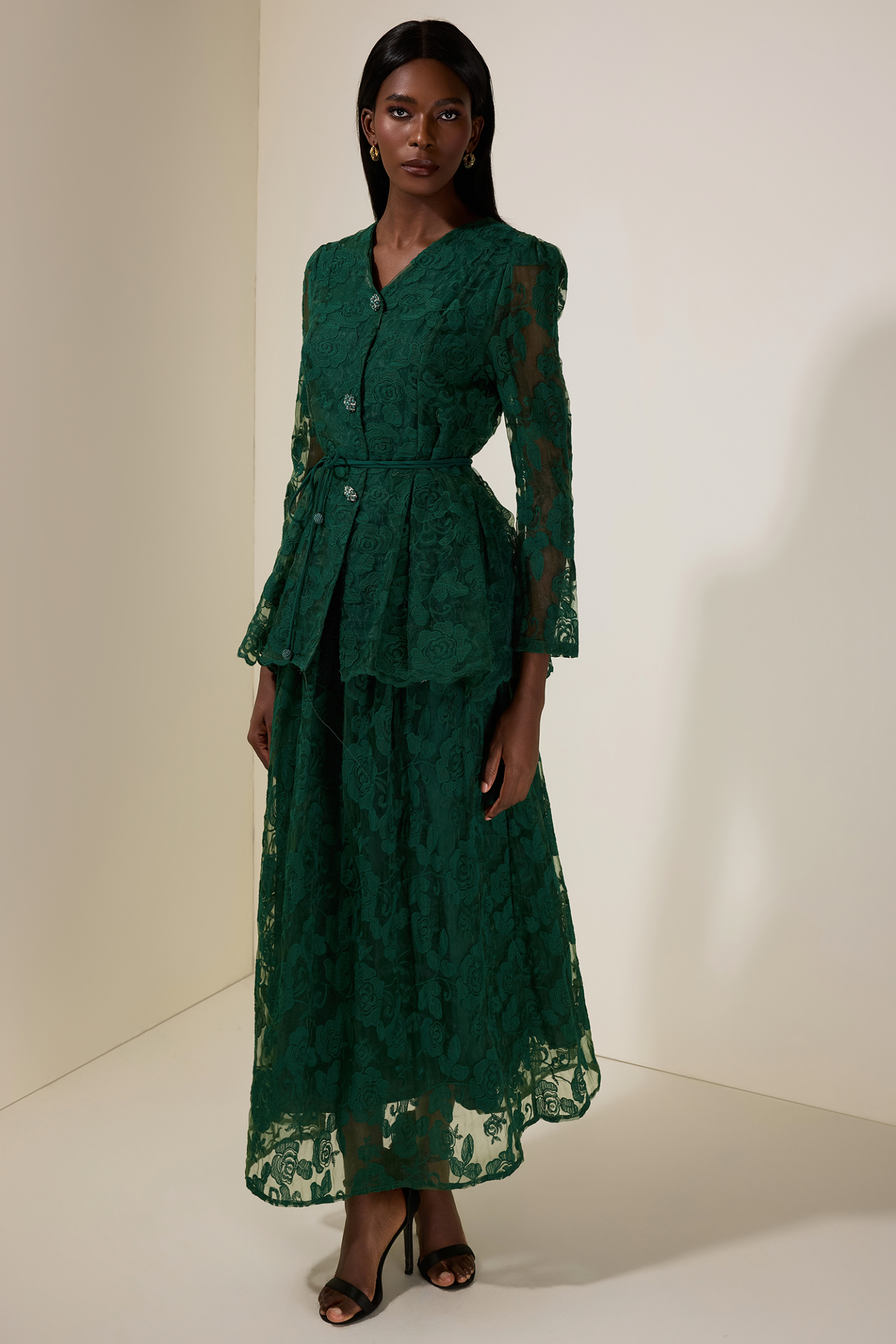 Floral Embroidered Single Breasted Top & Mid Waist Midi Skirt Set