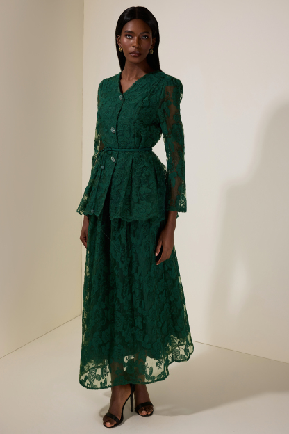 Floral Embroidered Single Breasted Top & Mid Waist Midi Skirt Set