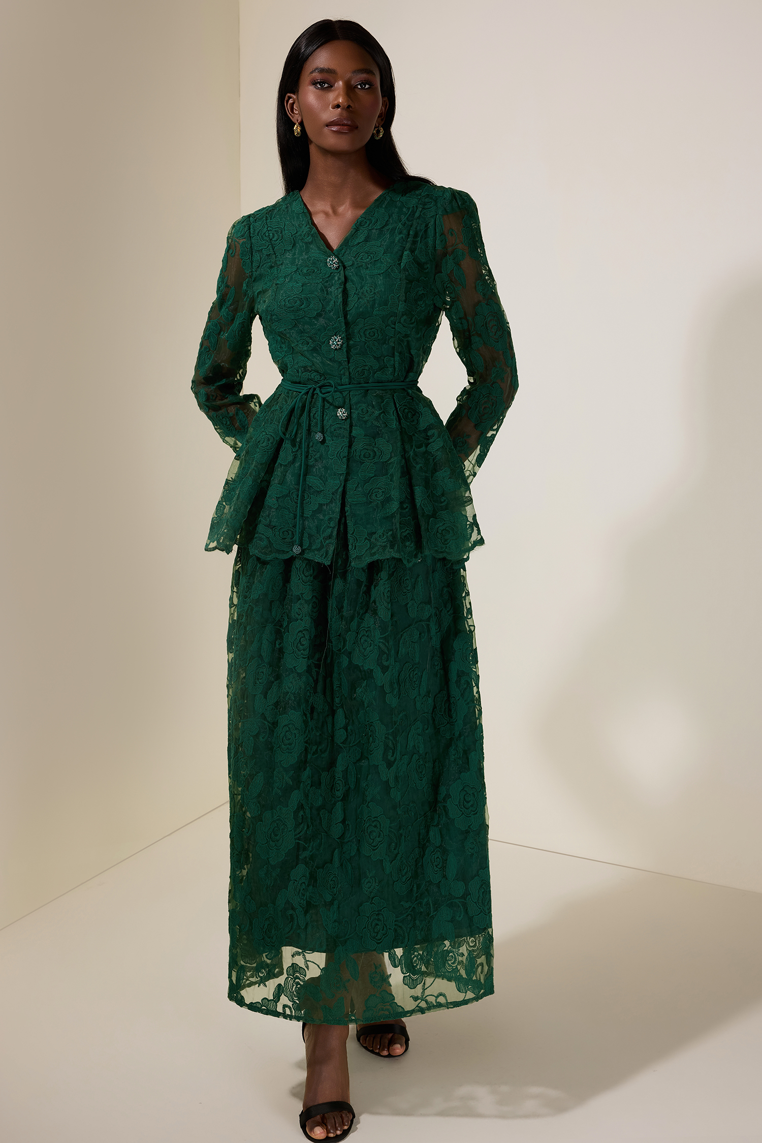 Floral Embroidered Single Breasted Top & Mid Waist Midi Skirt Set