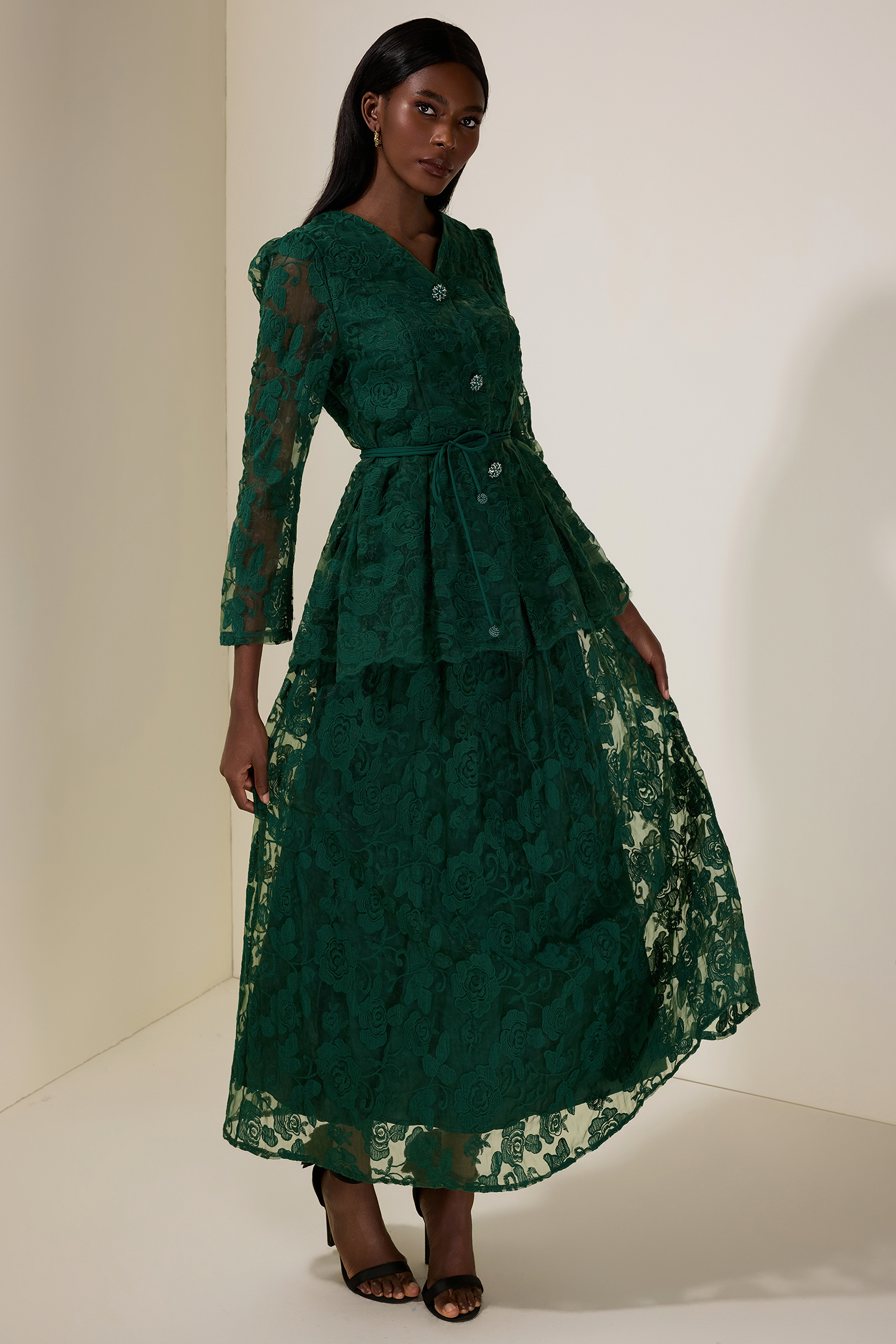 Floral Embroidered Single Breasted Top & Mid Waist Midi Skirt Set