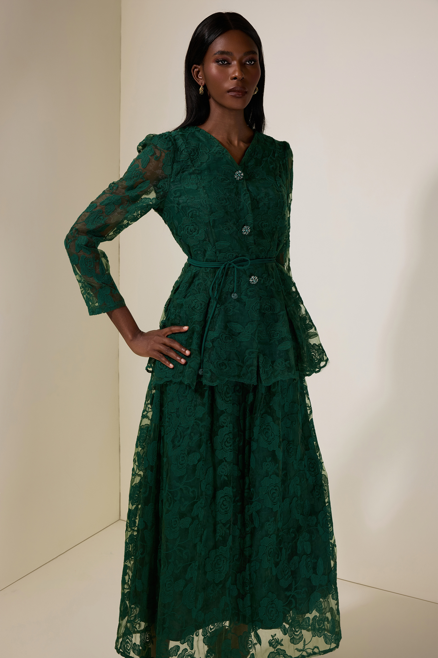 Floral Embroidered Single Breasted Top & Mid Waist Midi Skirt Set