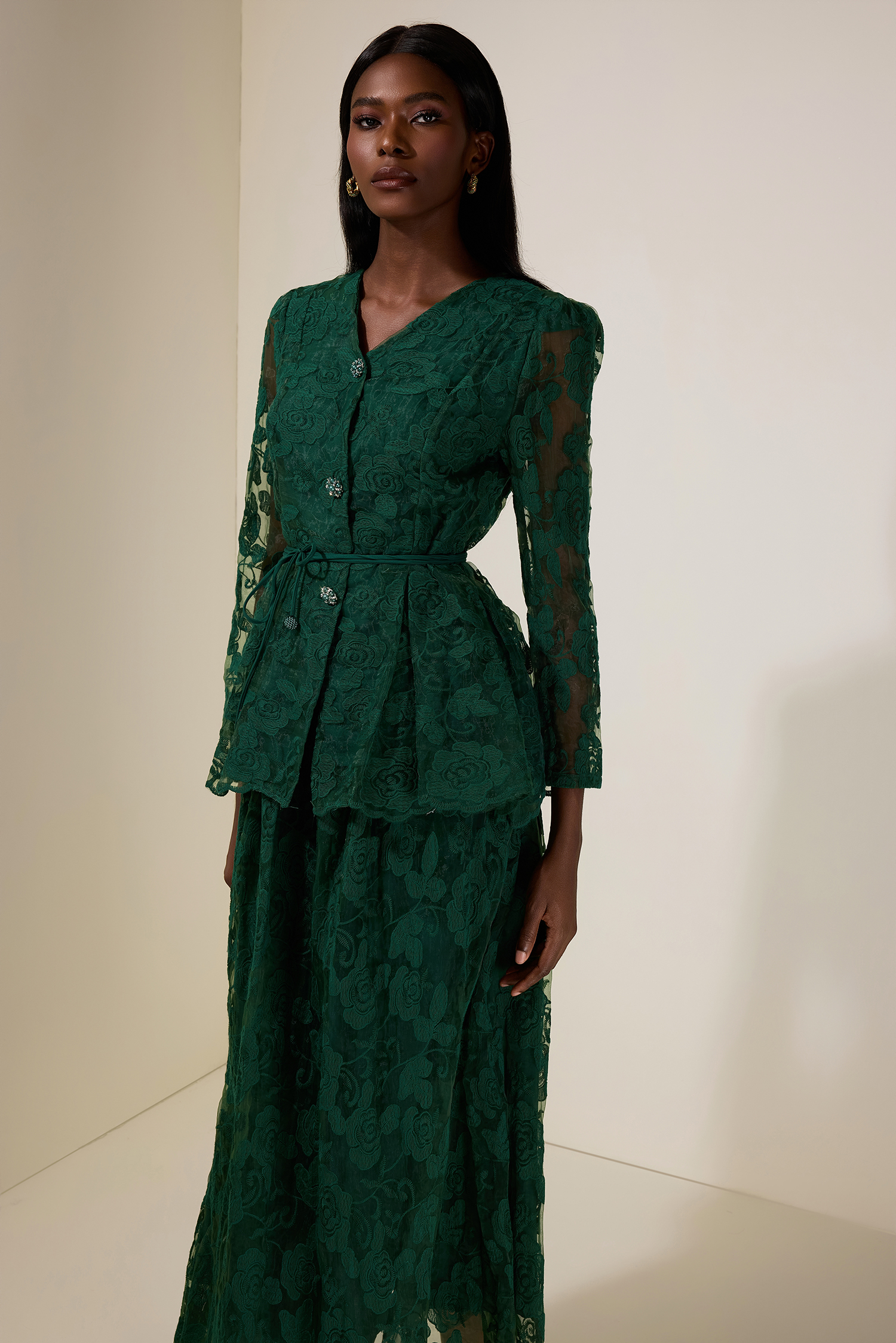 Floral Embroidered Single Breasted Top & Mid Waist Midi Skirt Set