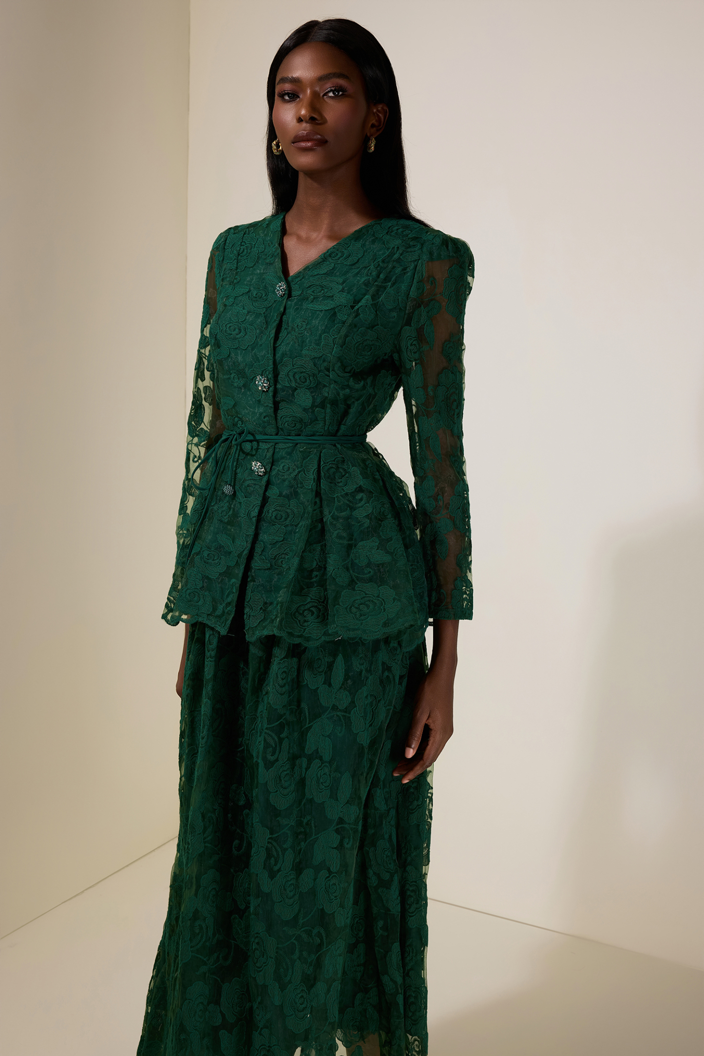 Floral Embroidered Single Breasted Top & Mid Waist Midi Skirt Set