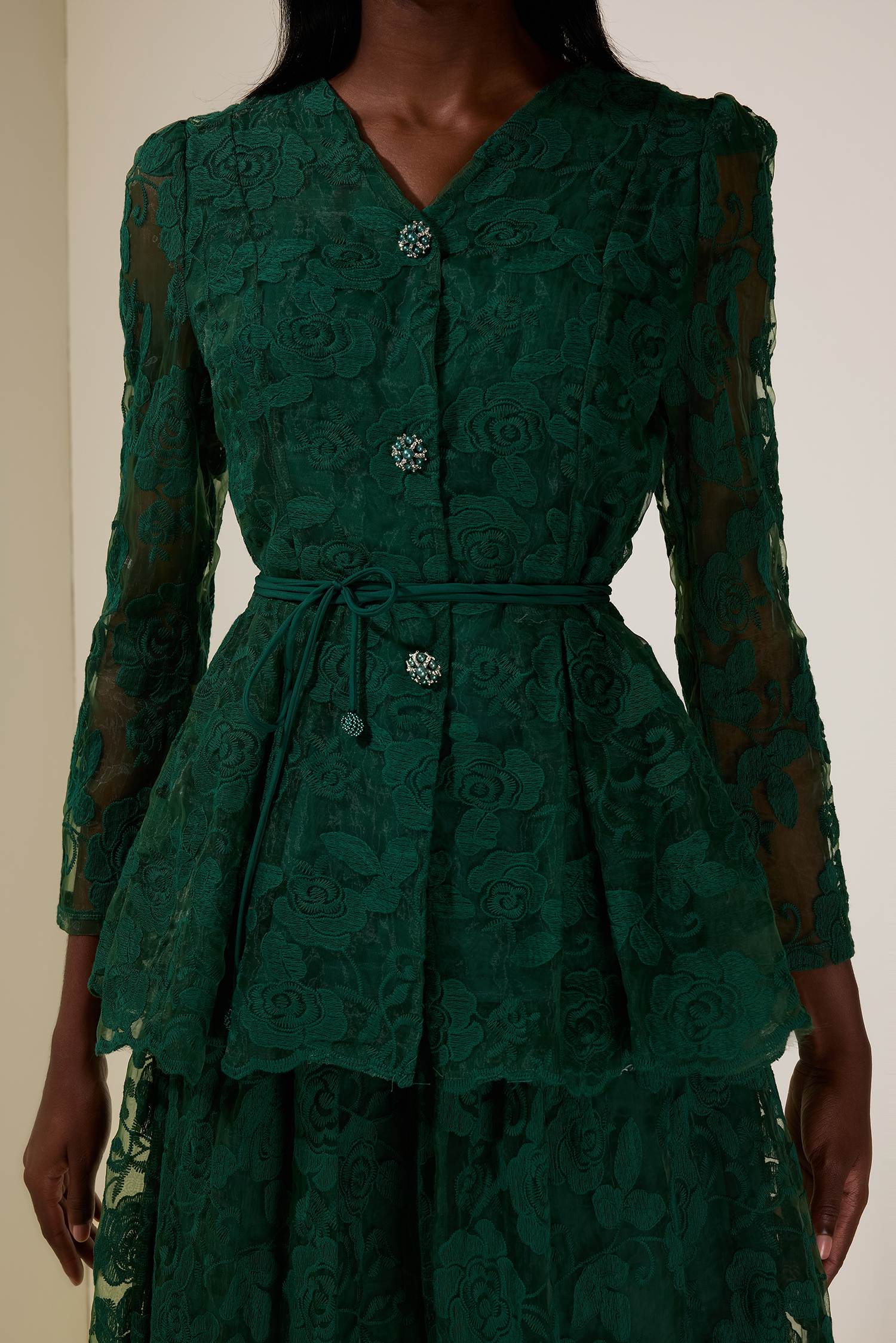 Floral Embroidered Single Breasted Top & Mid Waist Midi Skirt Set