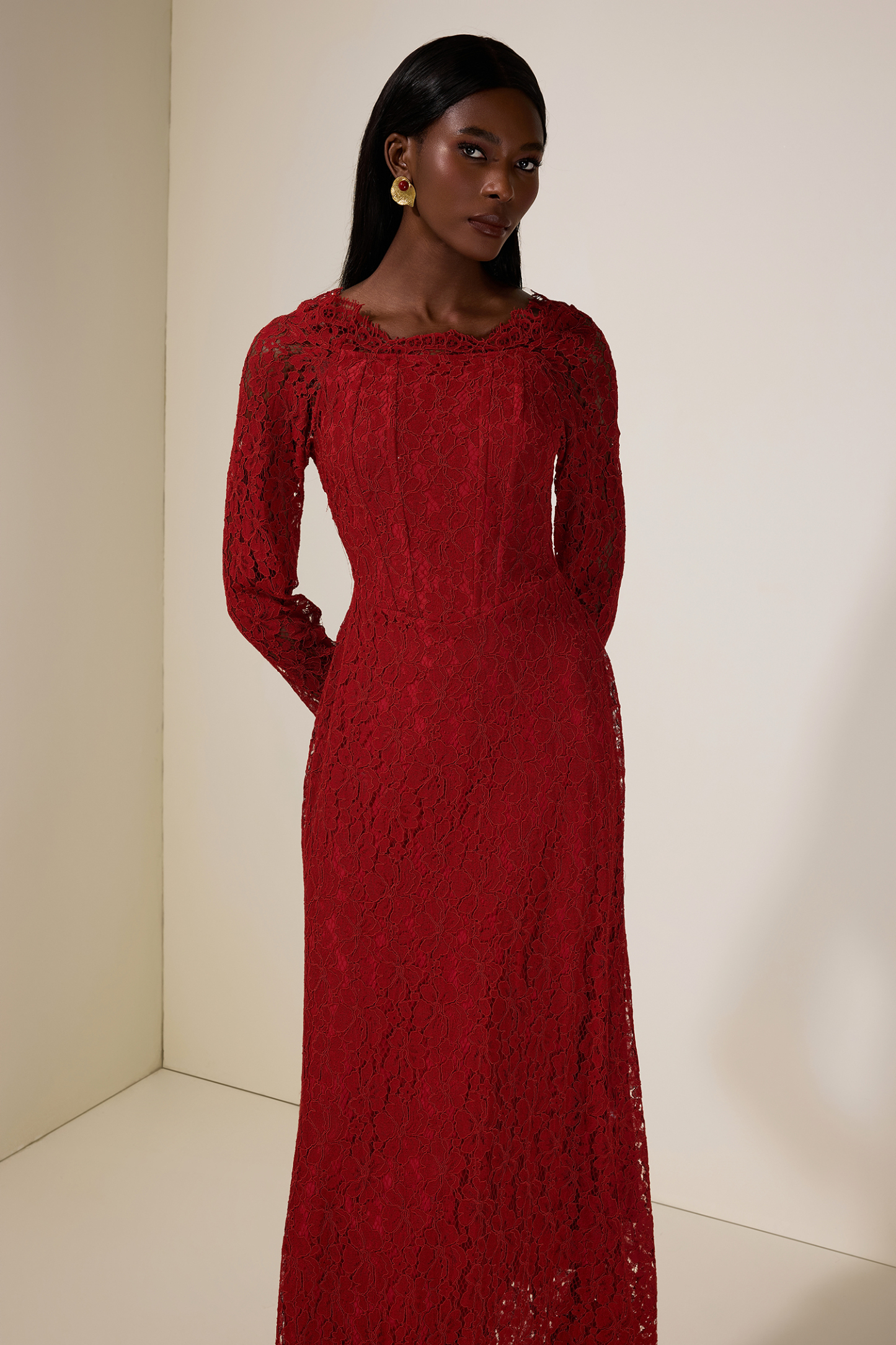 Lace Corset Long Sleeve Maxi Dress