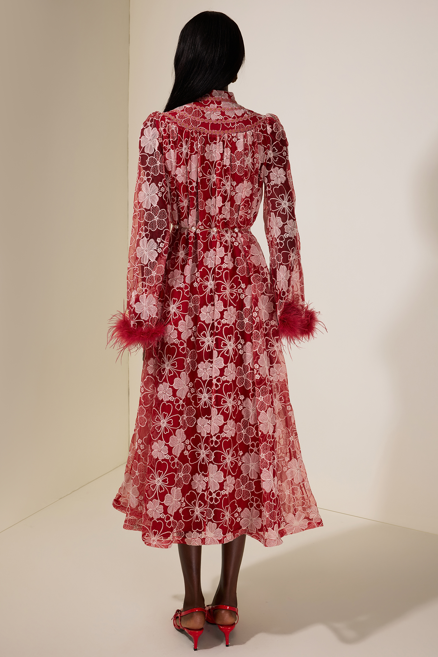 Embroidered Feather Button Maxi Dress