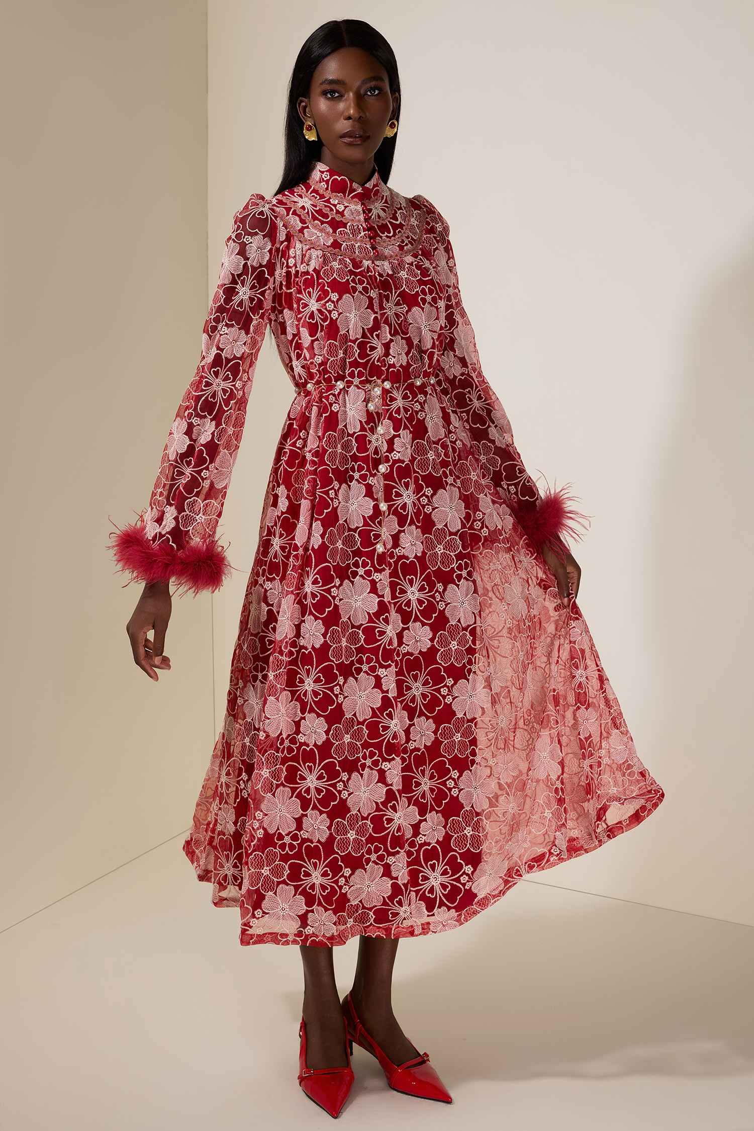 Embroidered Feather Button Maxi Dress