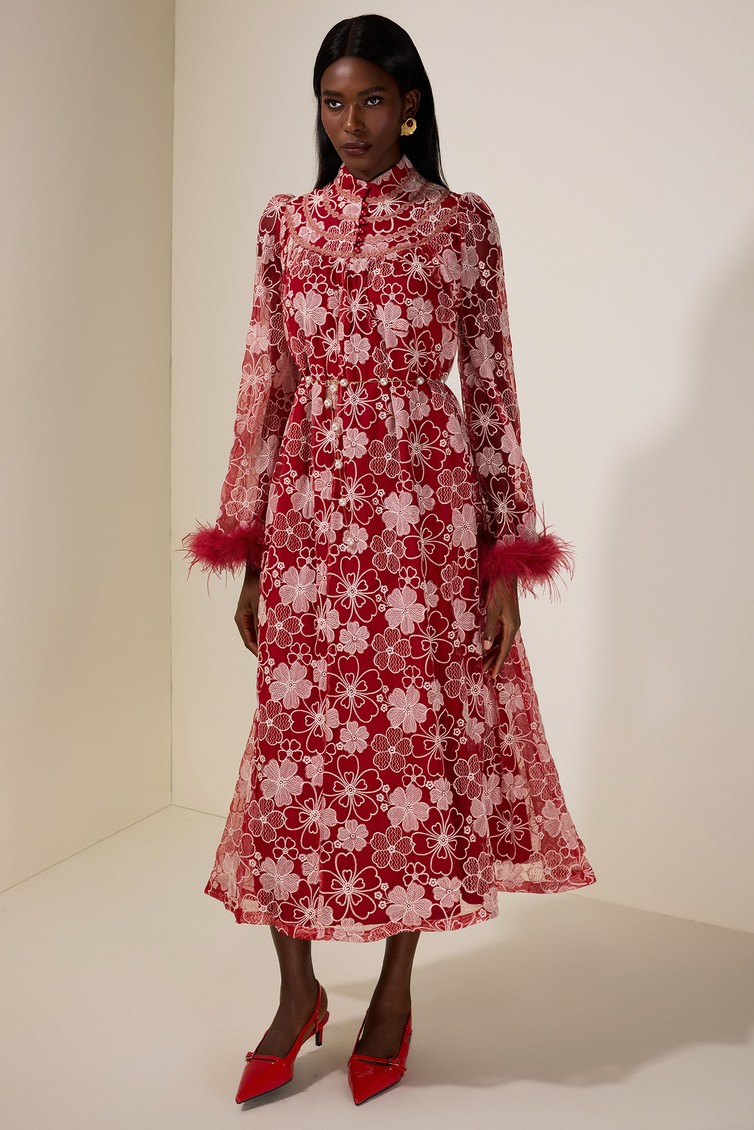 Embroidered Feather Button Maxi Dress