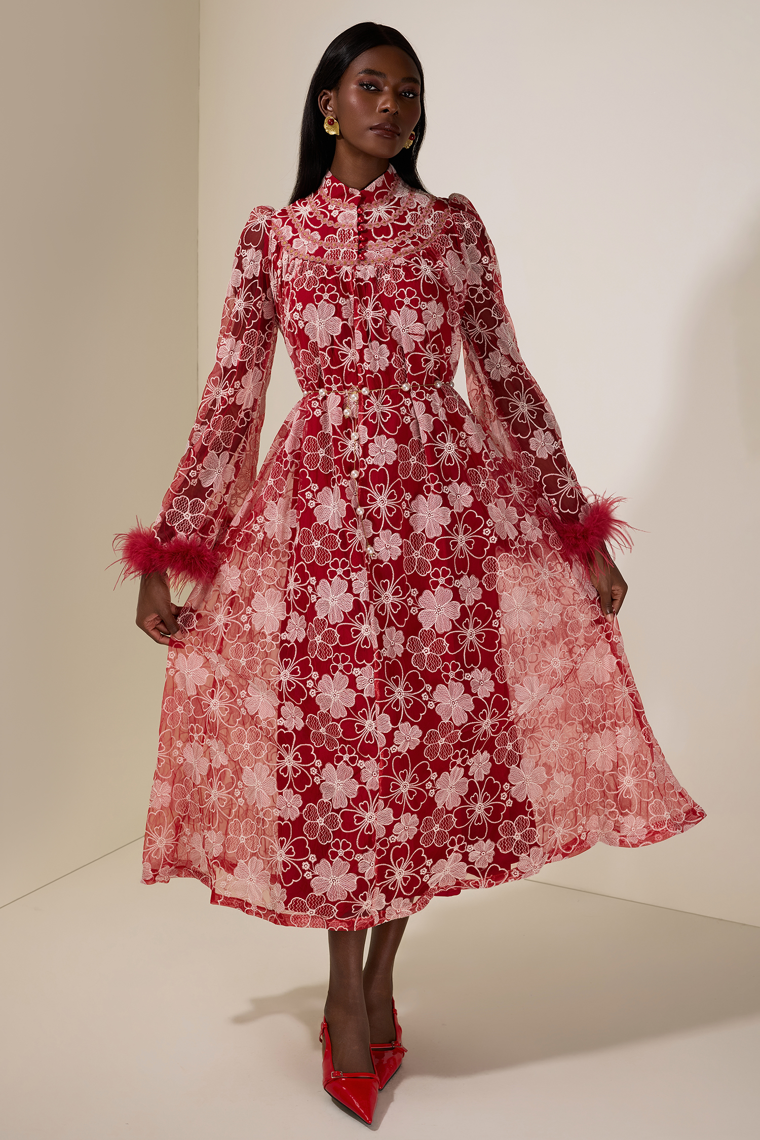 Embroidered Feather Button Maxi Dress