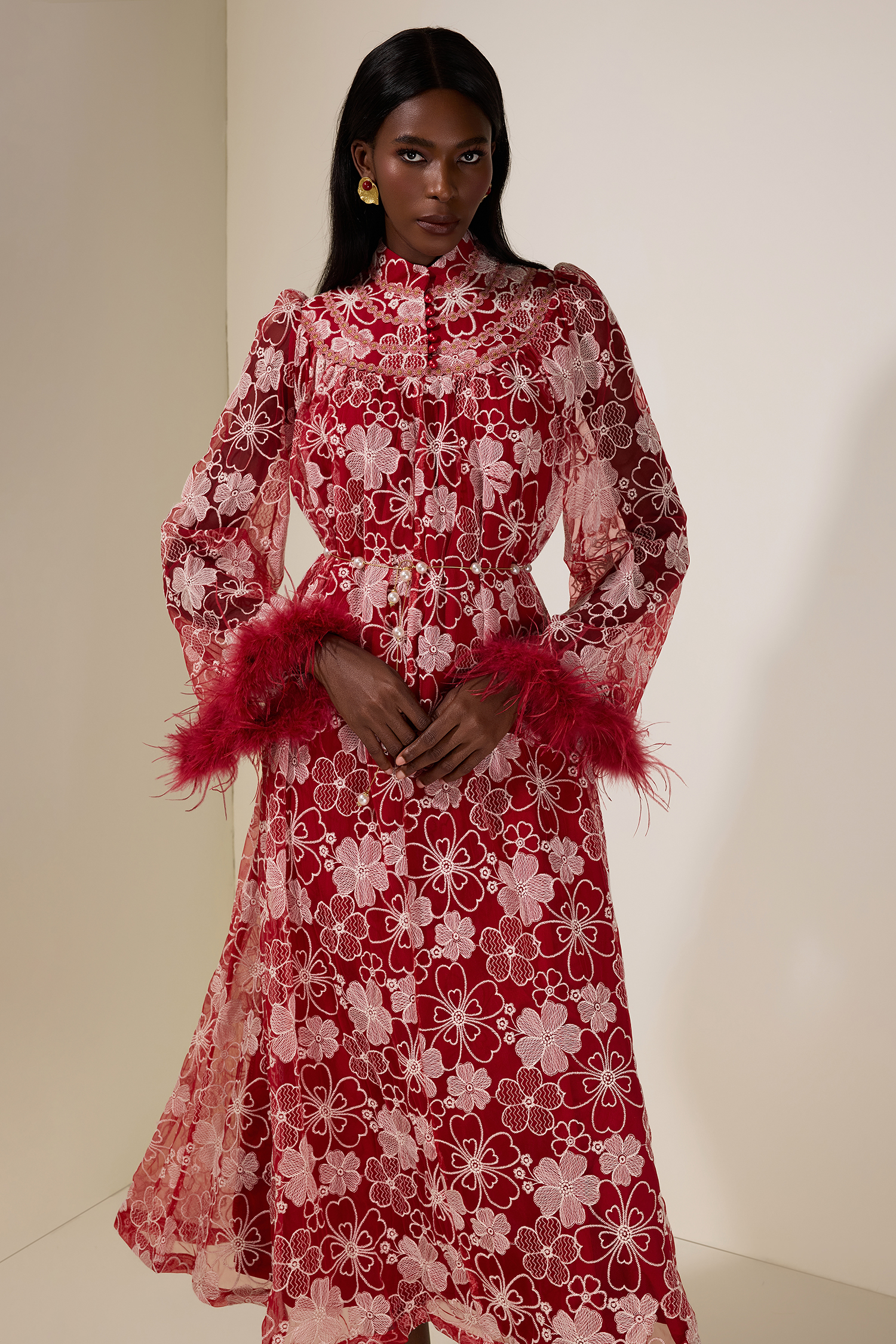 Embroidered Feather Button Maxi Dress