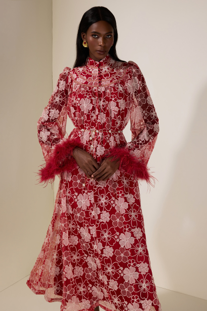 Embroidered Feather Button Maxi Dress