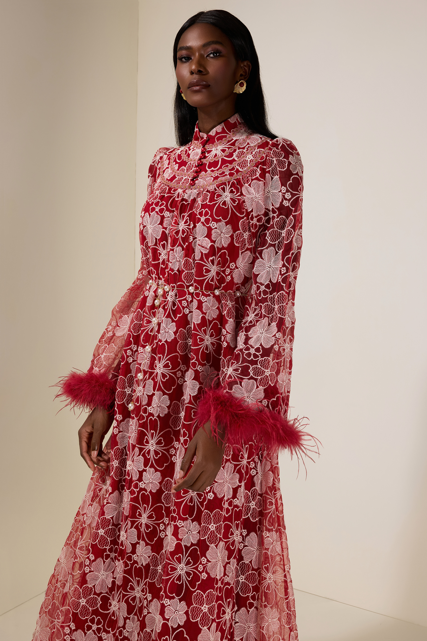 Embroidered Feather Button Maxi Dress