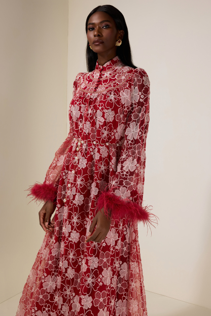 Embroidered Feather Button Maxi Dress