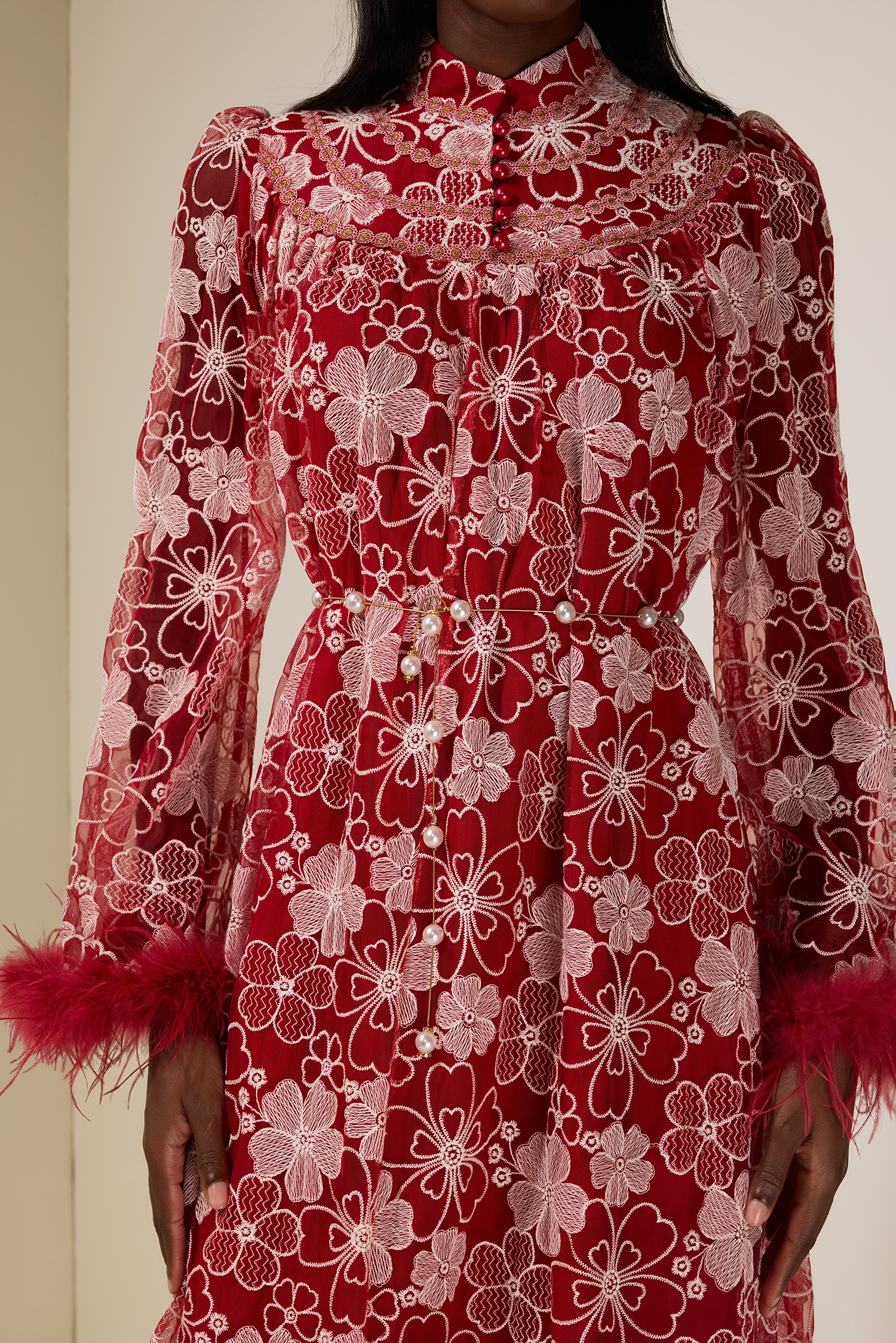 Embroidered Feather Button Maxi Dress