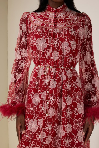 Embroidered Feather Button Maxi Dress