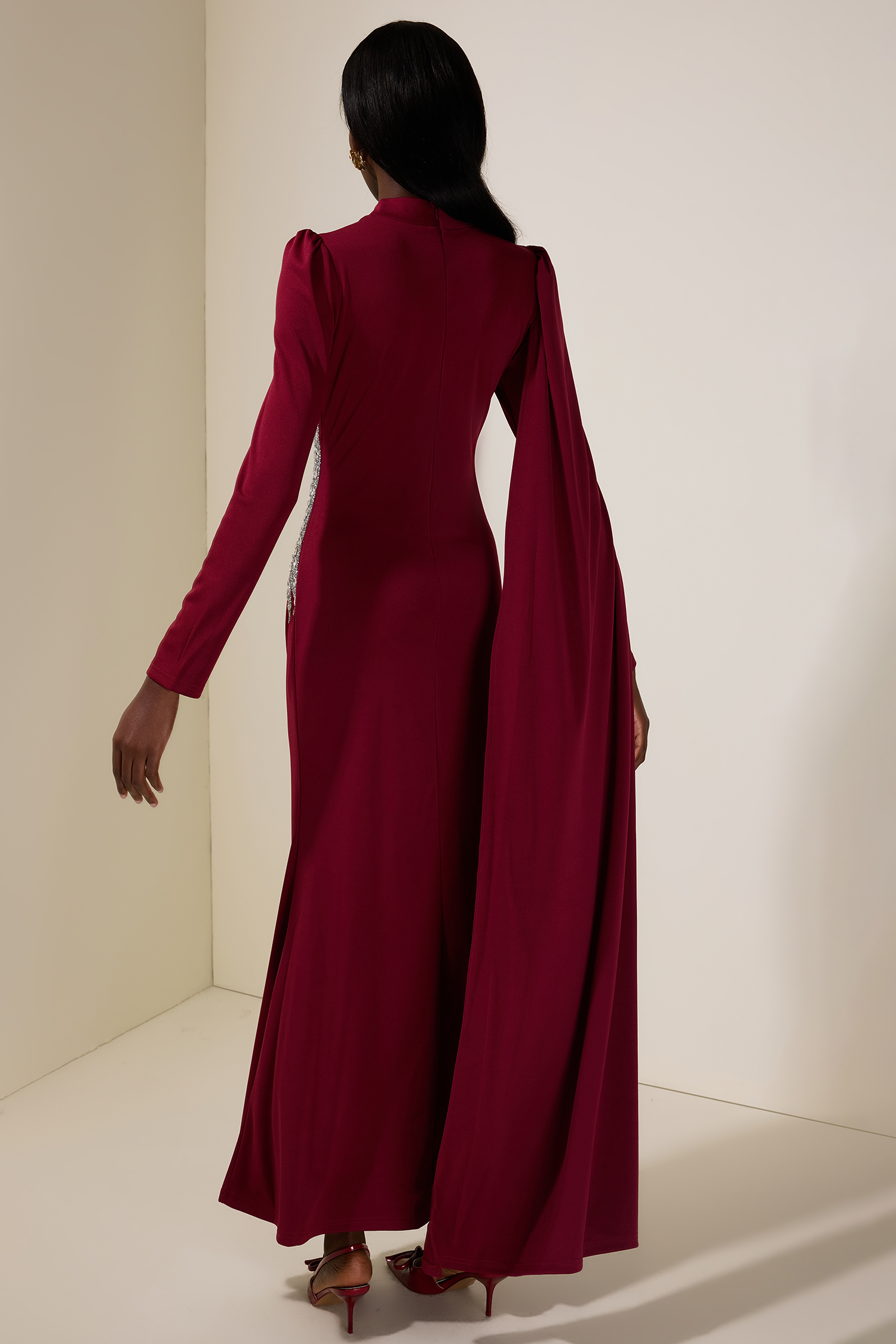 Jersey Rhinestone Long Sleeve Maxi Dress