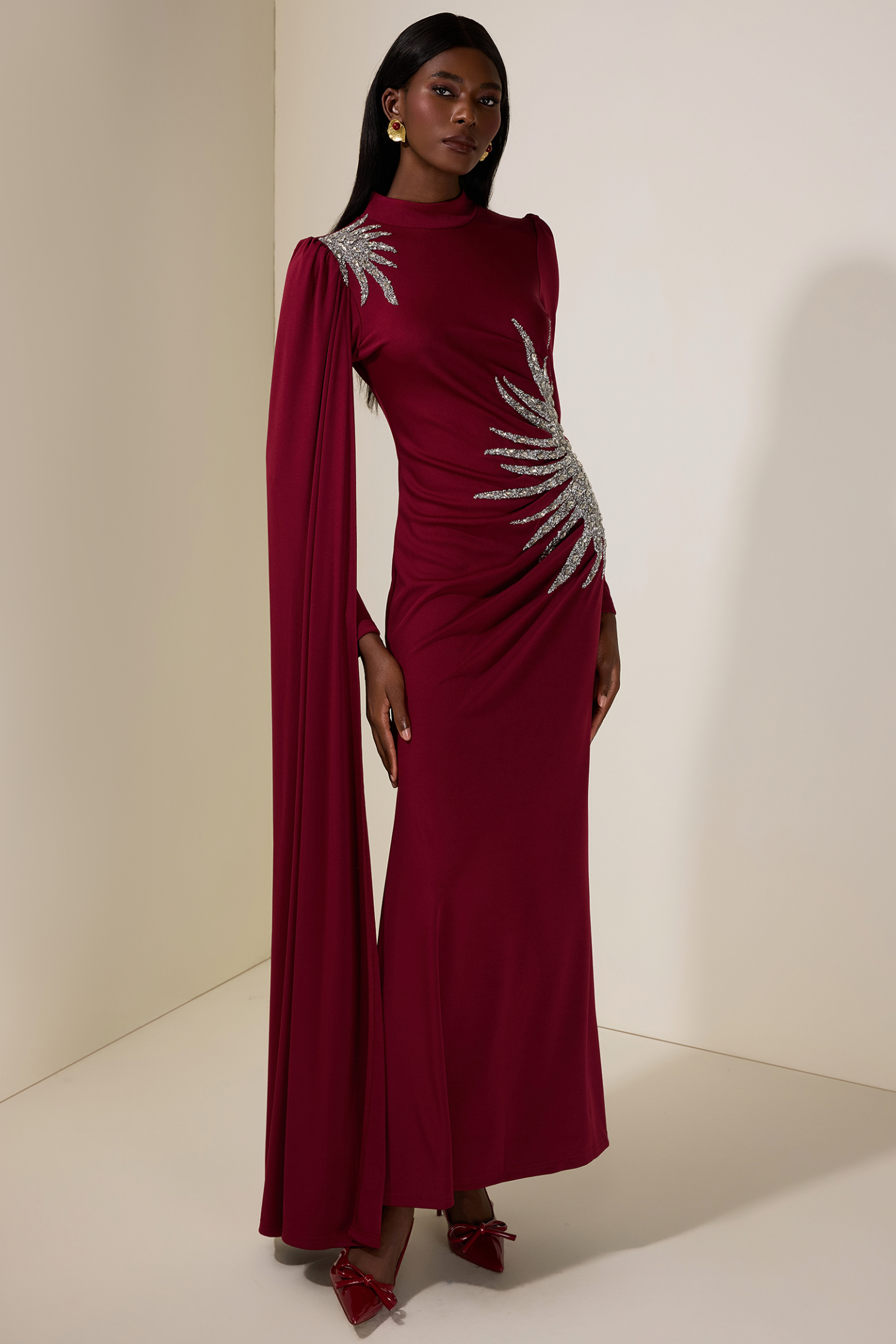 Jersey Rhinestone Long Sleeve Maxi Dress