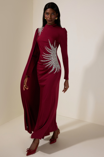 Jersey Rhinestone Long Sleeve Maxi Dress