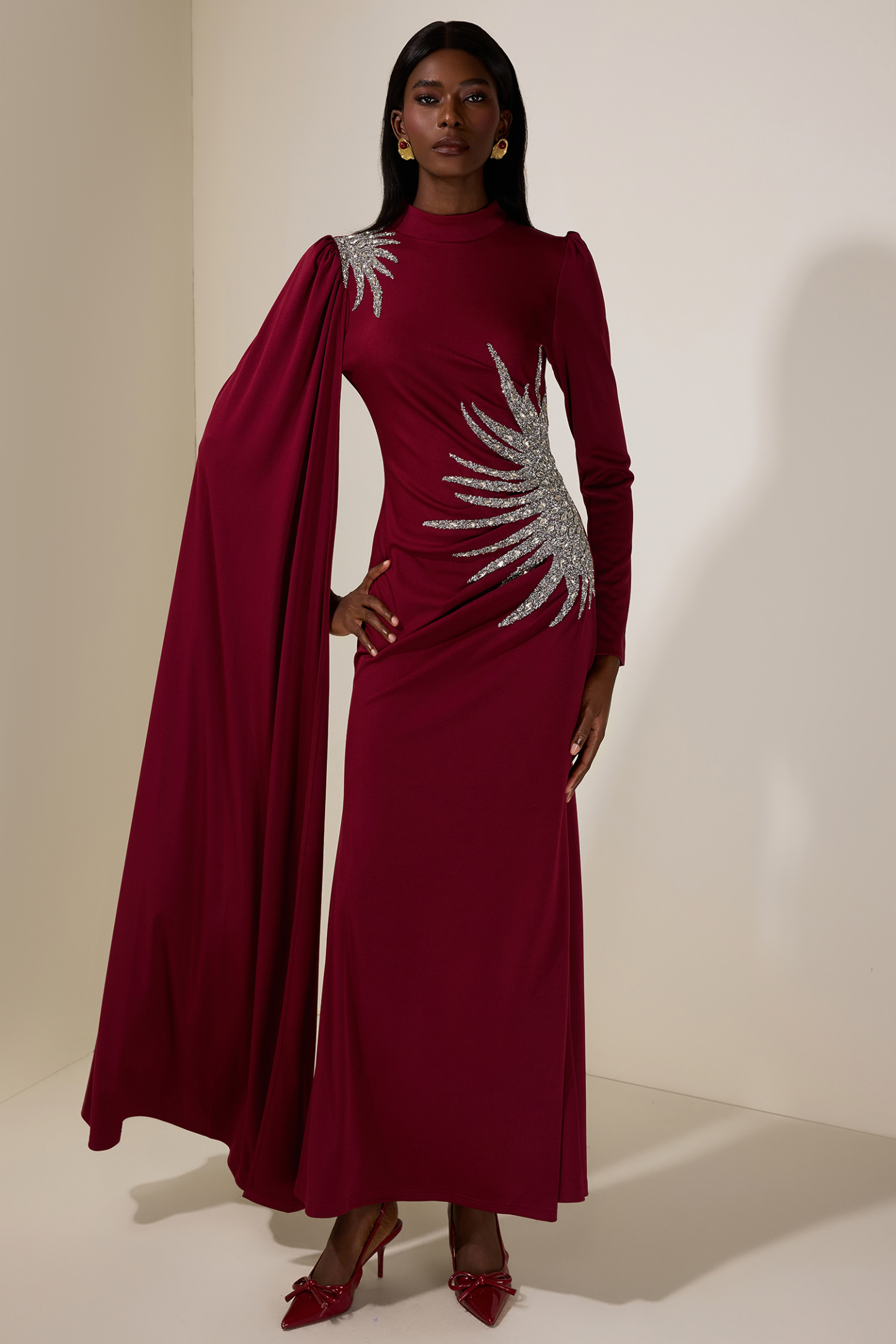 Jersey Rhinestone Long Sleeve Maxi Dress