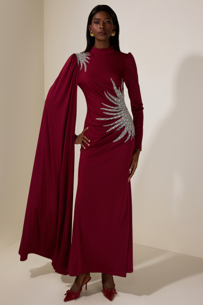 Jersey Rhinestone Long Sleeve Maxi Dress