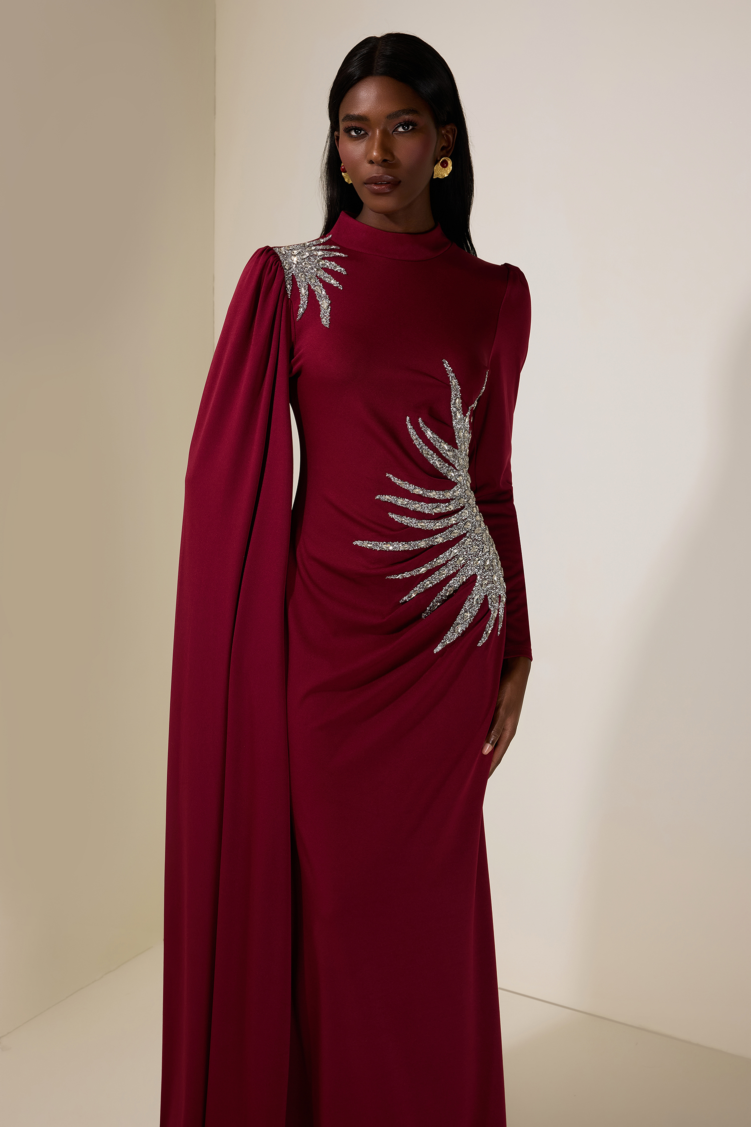 Jersey Rhinestone Long Sleeve Maxi Dress