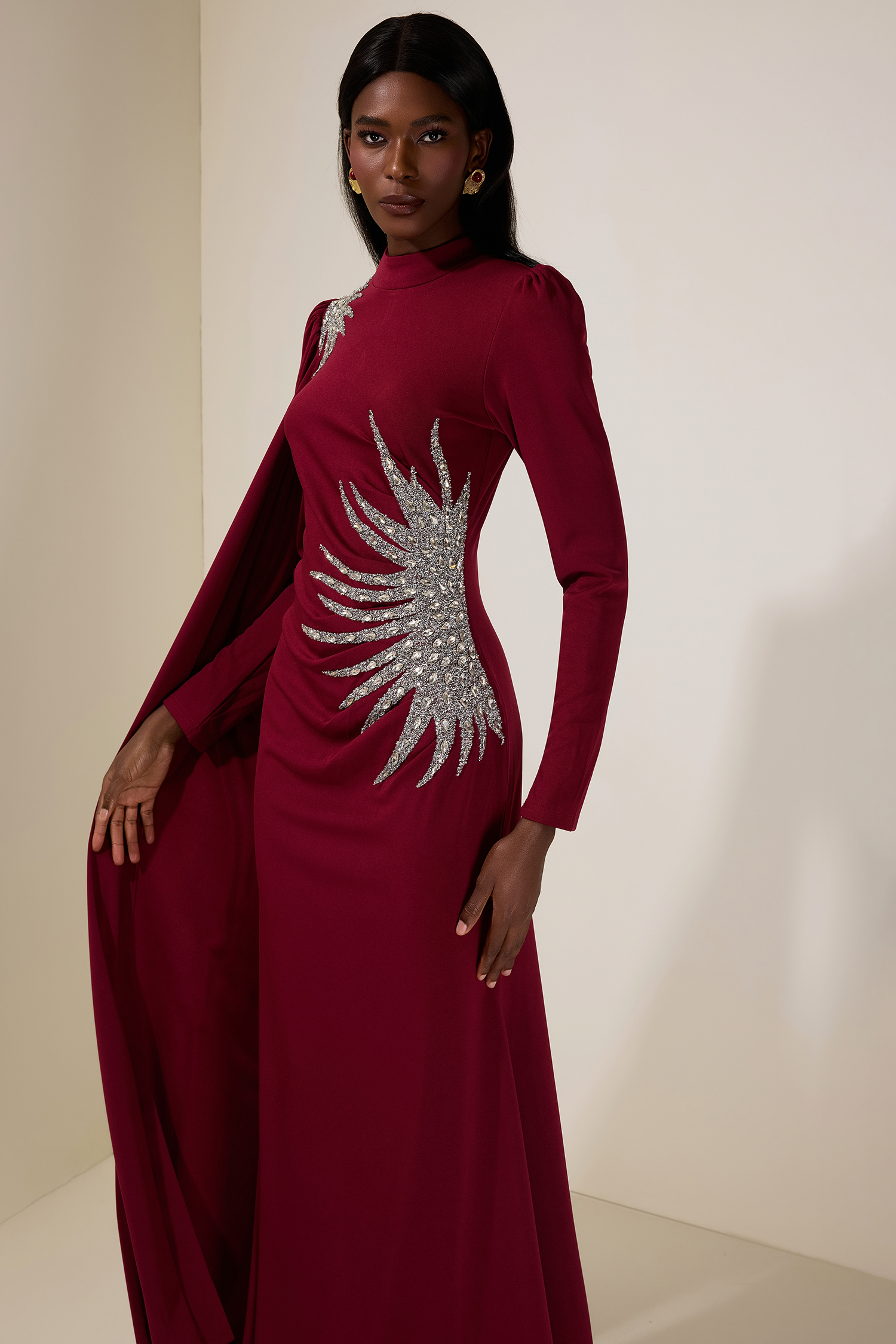 Jersey Rhinestone Long Sleeve Maxi Dress
