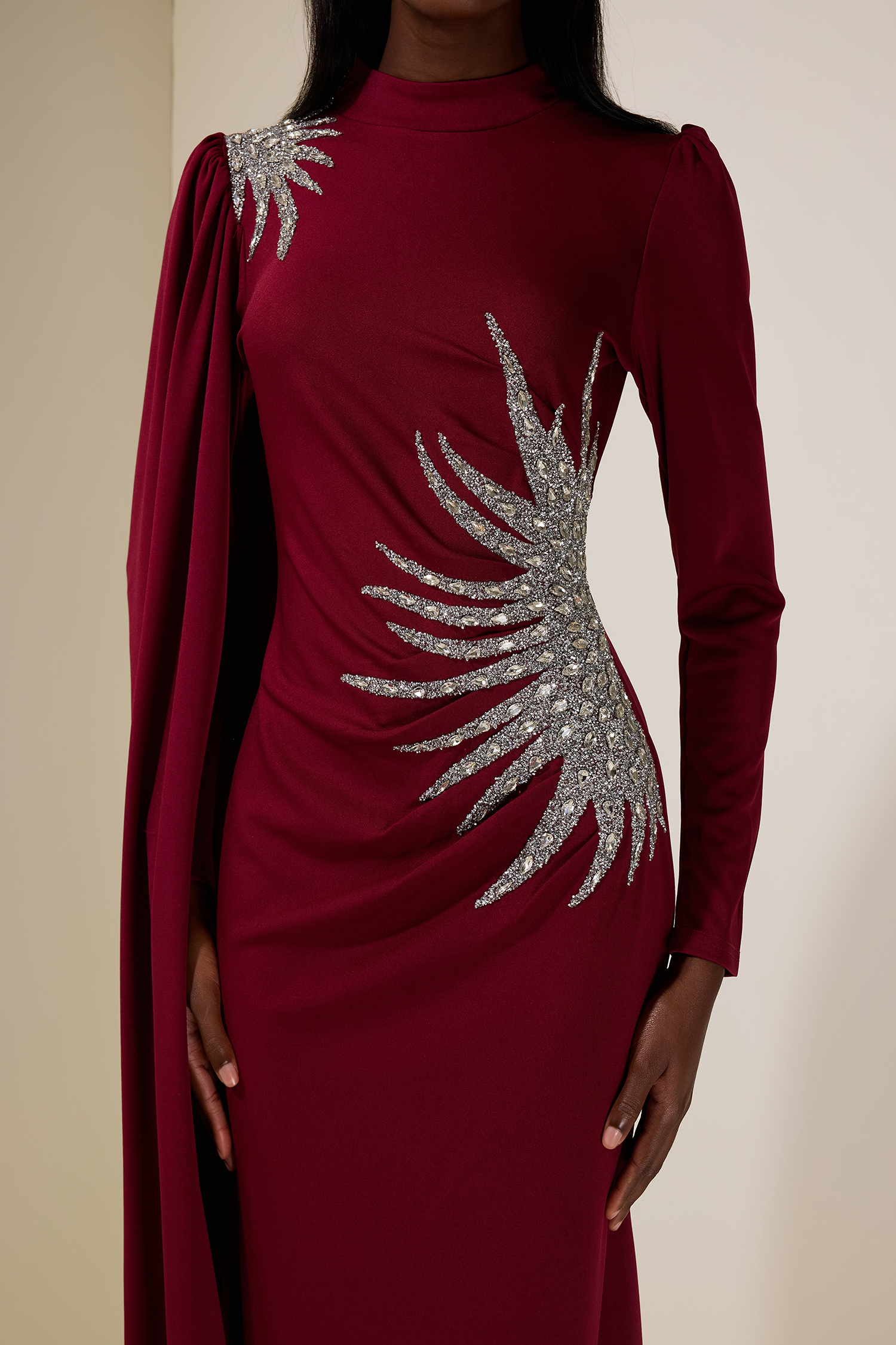 Jersey Rhinestone Long Sleeve Maxi Dress