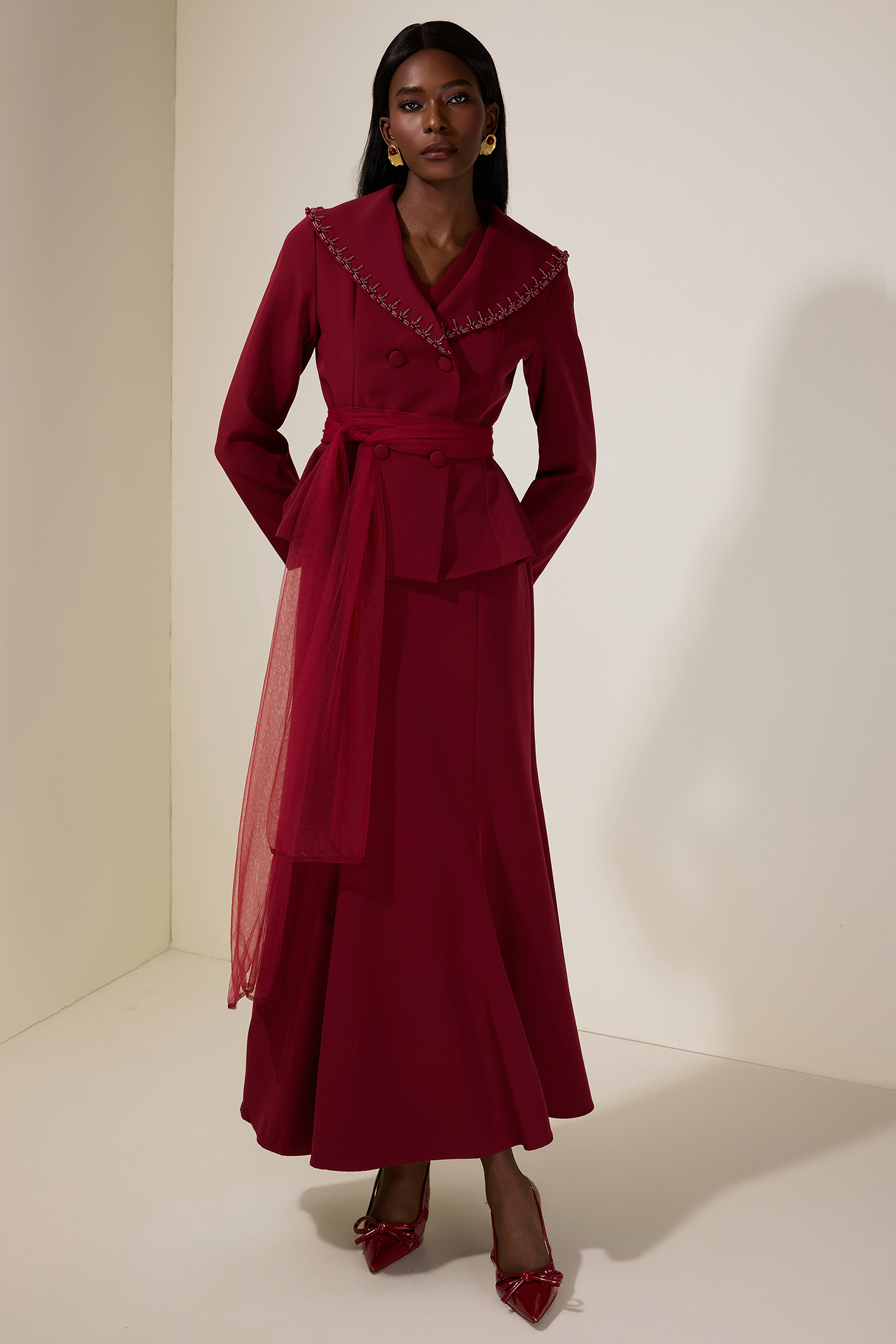 Solid V-Neck Maxi Dress With Rivet Outerwear