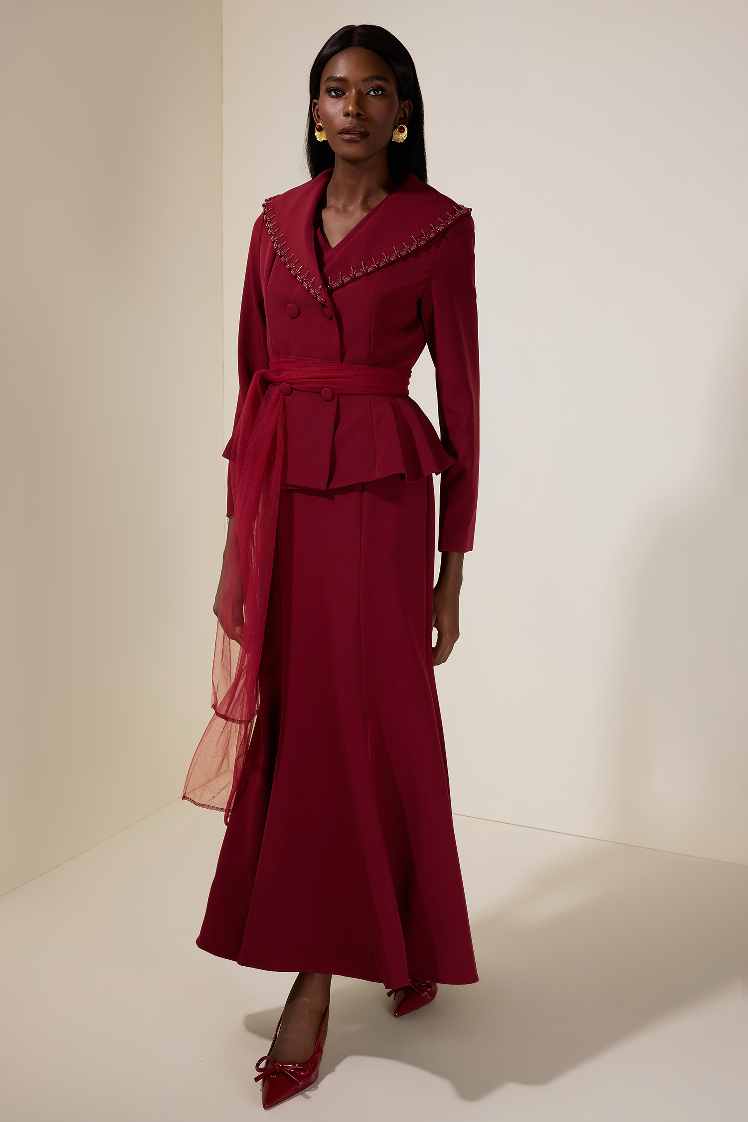 Solid V-Neck Maxi Dress With Rivet Outerwear