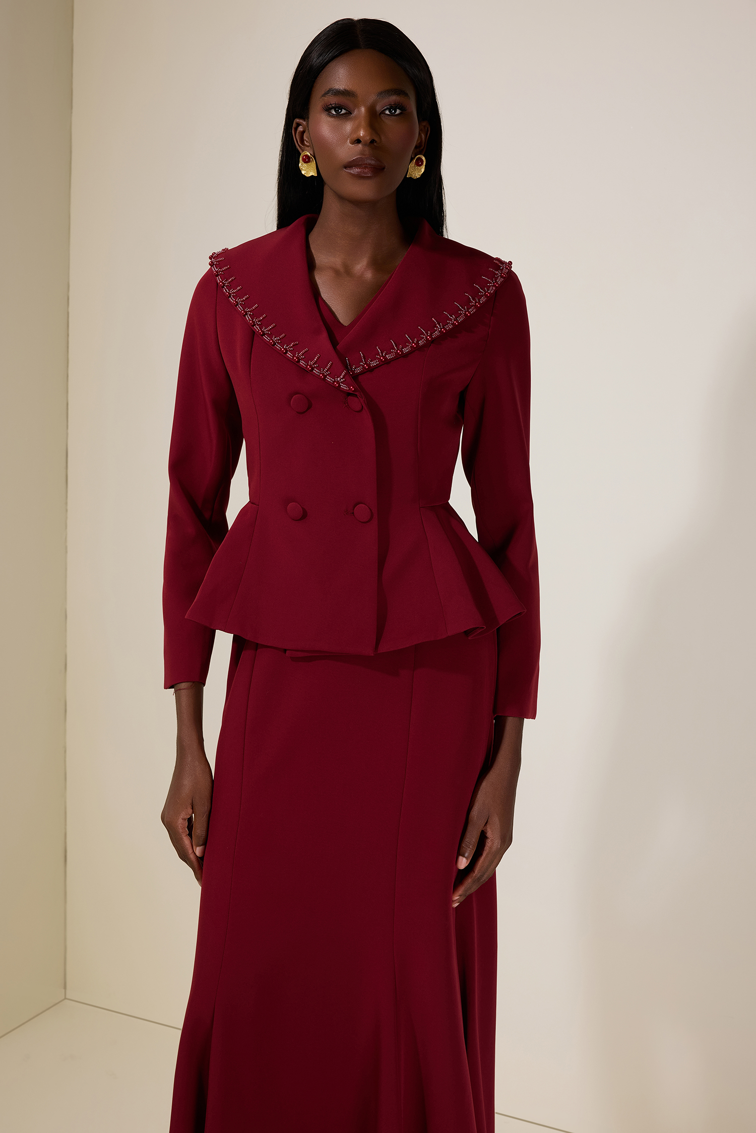 Solid V-Neck Maxi Dress With Rivet Outerwear