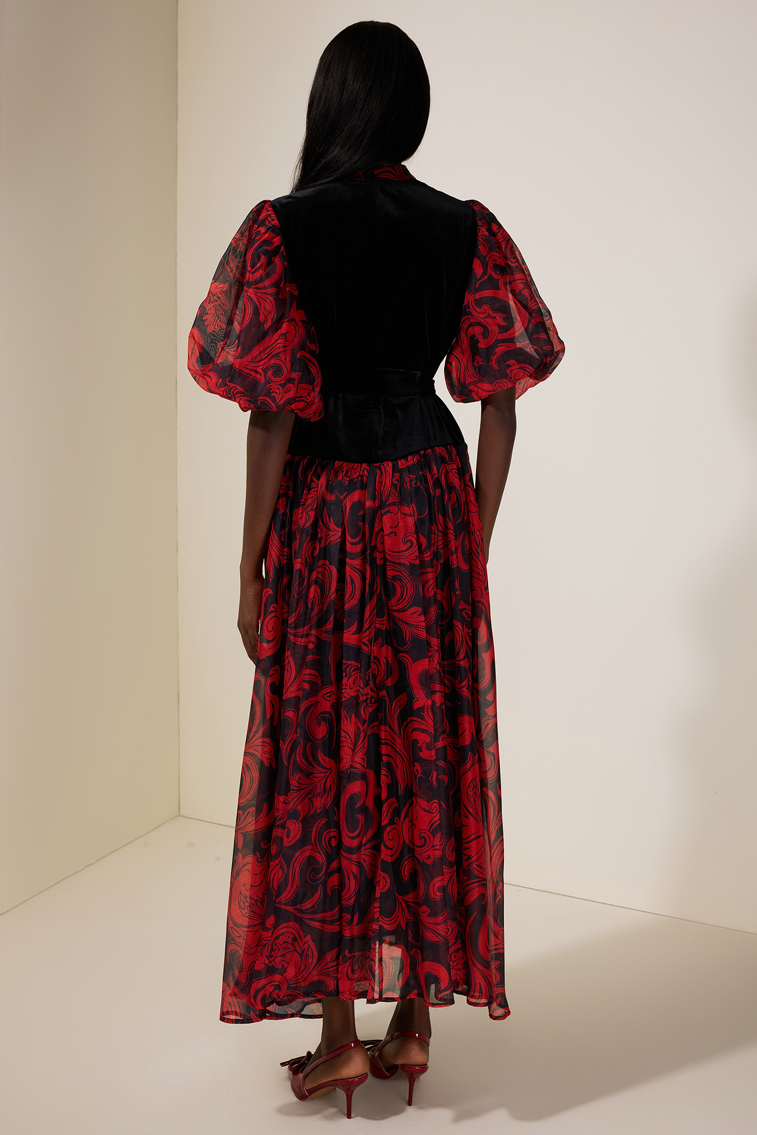 Abstract Print Splicing Velvet Midi Dress