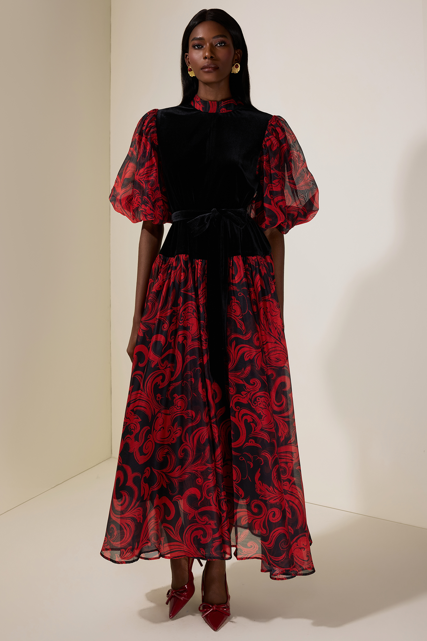 Abstract Print Splicing Velvet Midi Dress