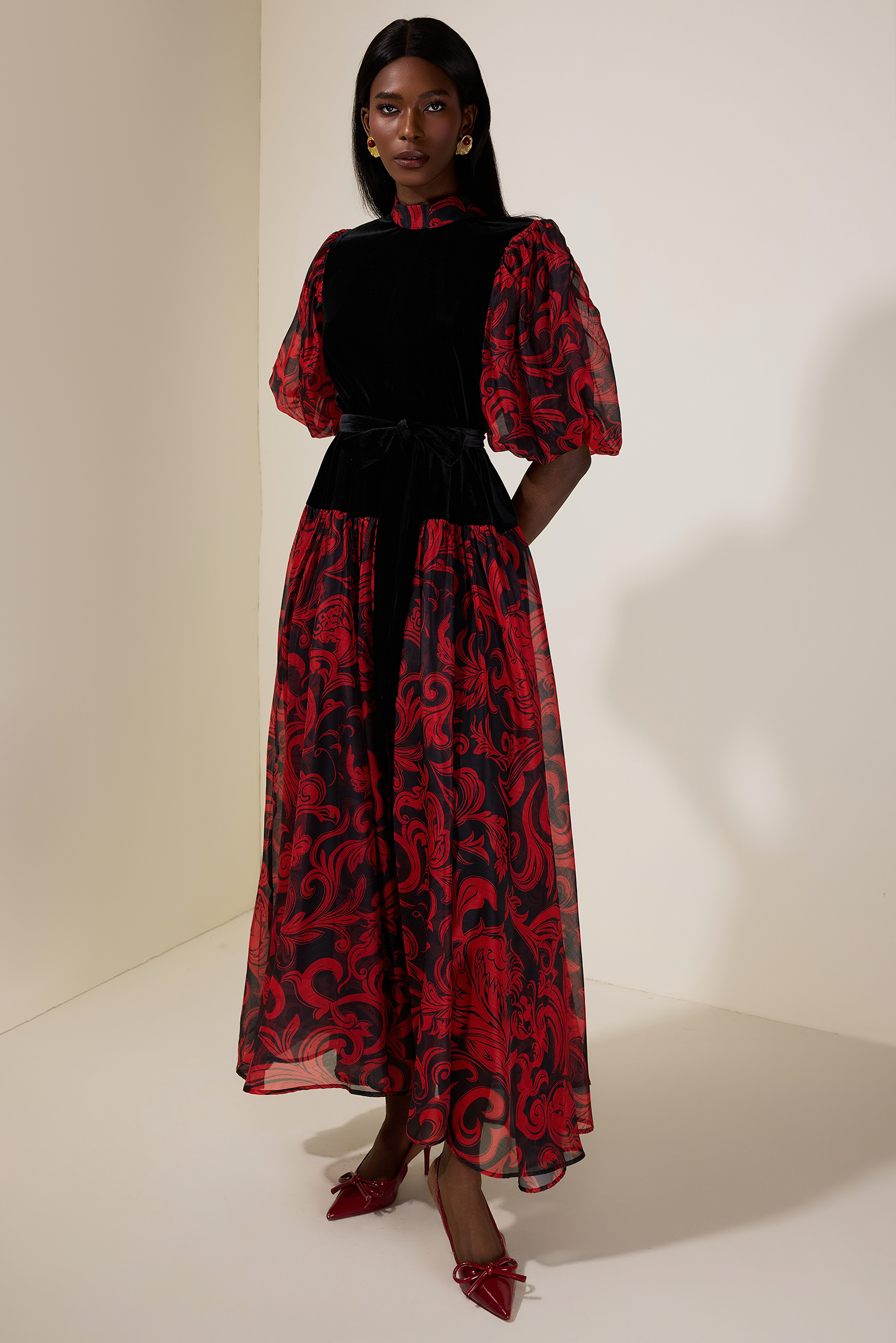 Abstract Print Splicing Velvet Midi Dress