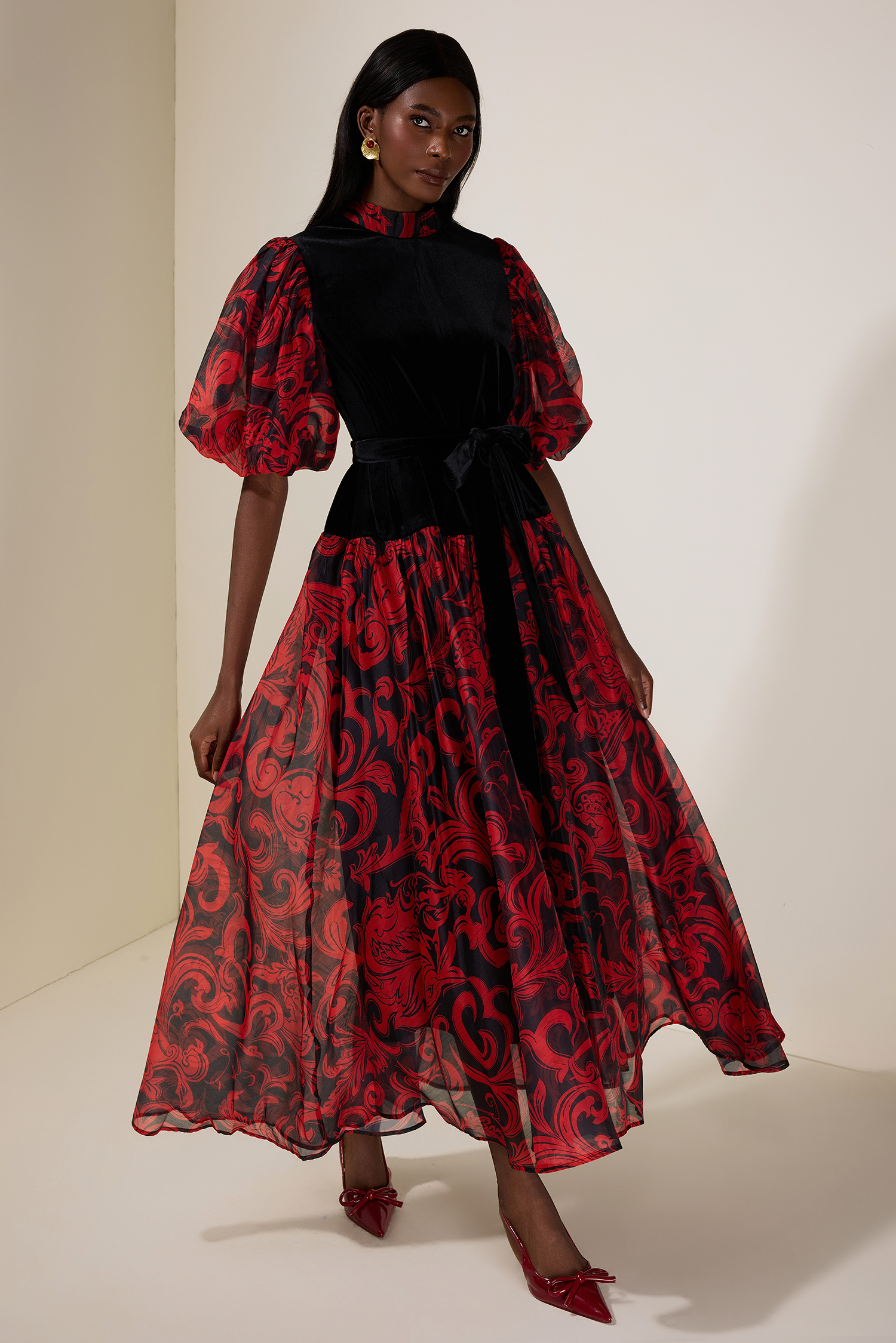 Abstract Print Splicing Velvet Midi Dress