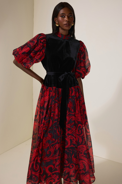 Abstract Print Splicing Velvet Midi Dress