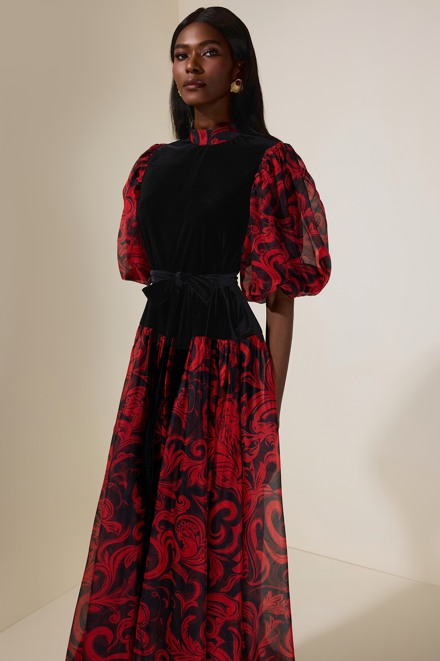 Abstract Print Splicing Velvet Midi Dress