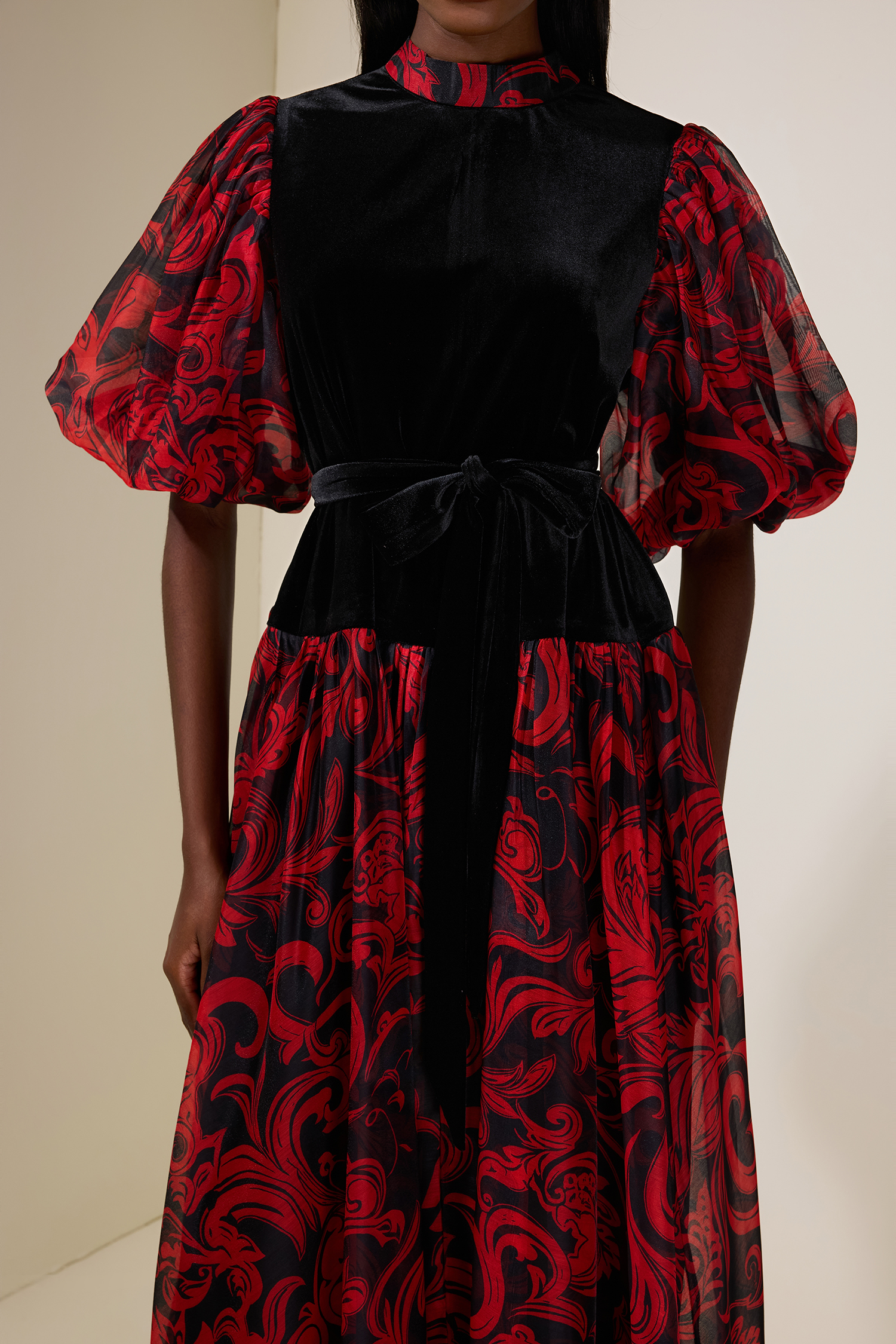 Abstract Print Splicing Velvet Midi Dress