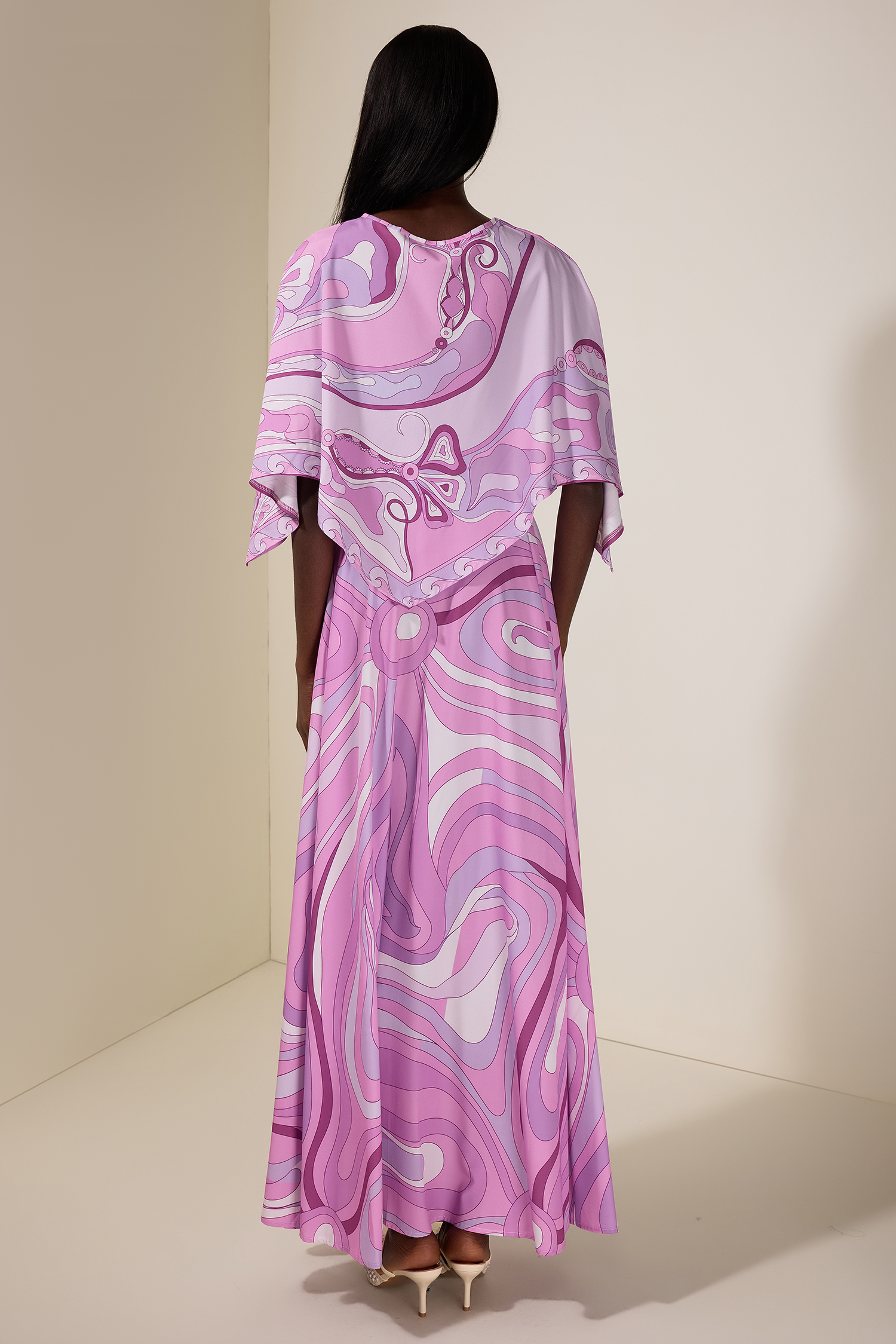 Abstract Print Cape Sleeve Top & Hight Waist Midi Skirt Set