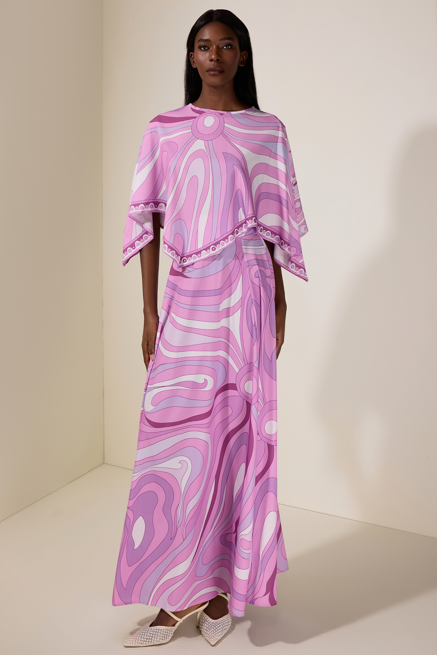 Abstract Print Cape Sleeve Top & Hight Waist Midi Skirt Set